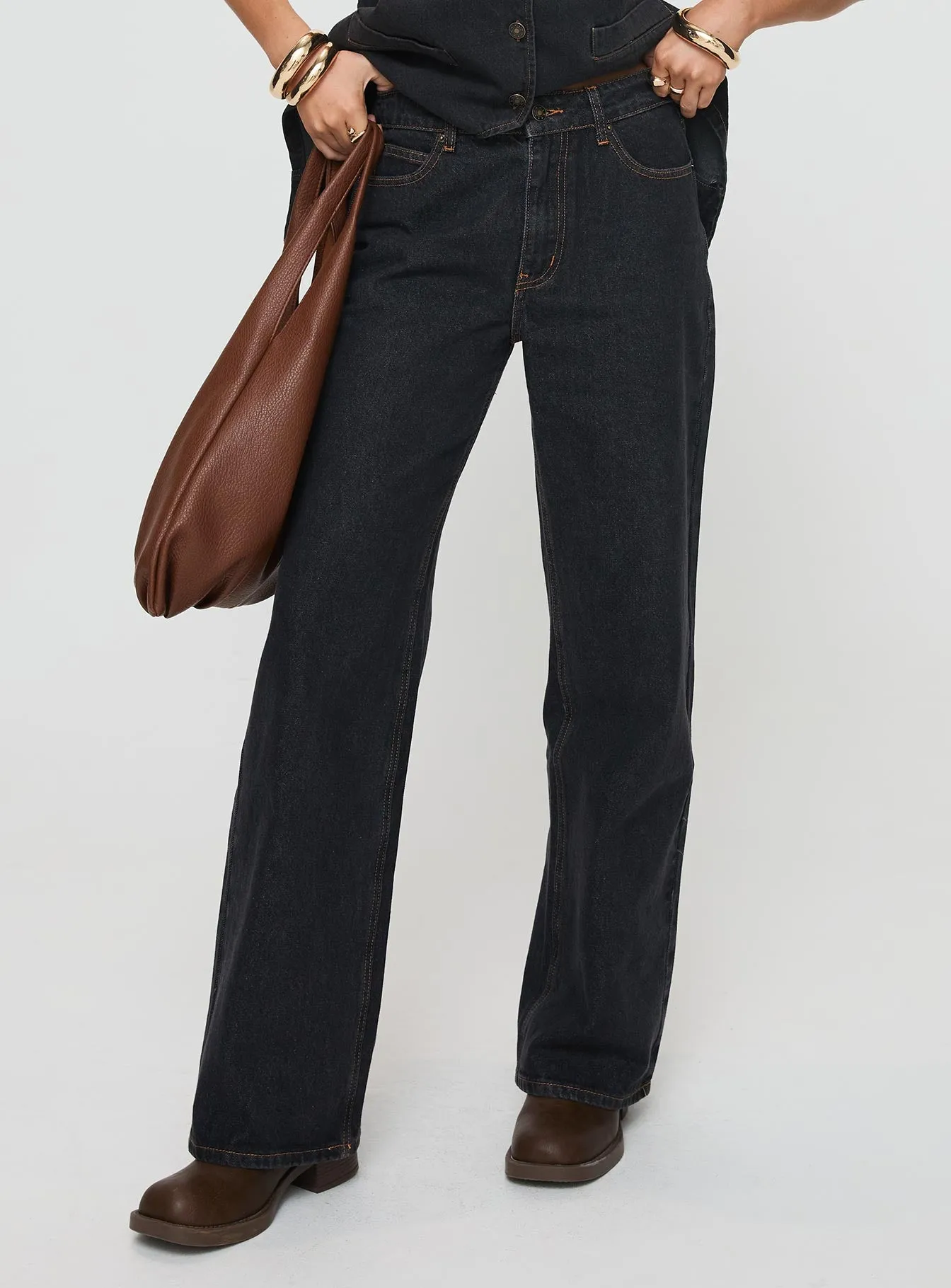 Top Model Low Rise Straight Leg Jeans Charcoal Weekend Style Stretch Bold Look Easy Match