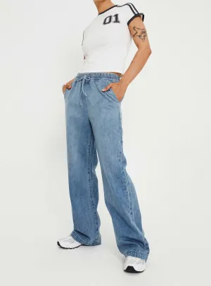 Minimalist Style Holiday Vibes Weekend Warrior Maves Denim Drawstring Pants Mid Wash