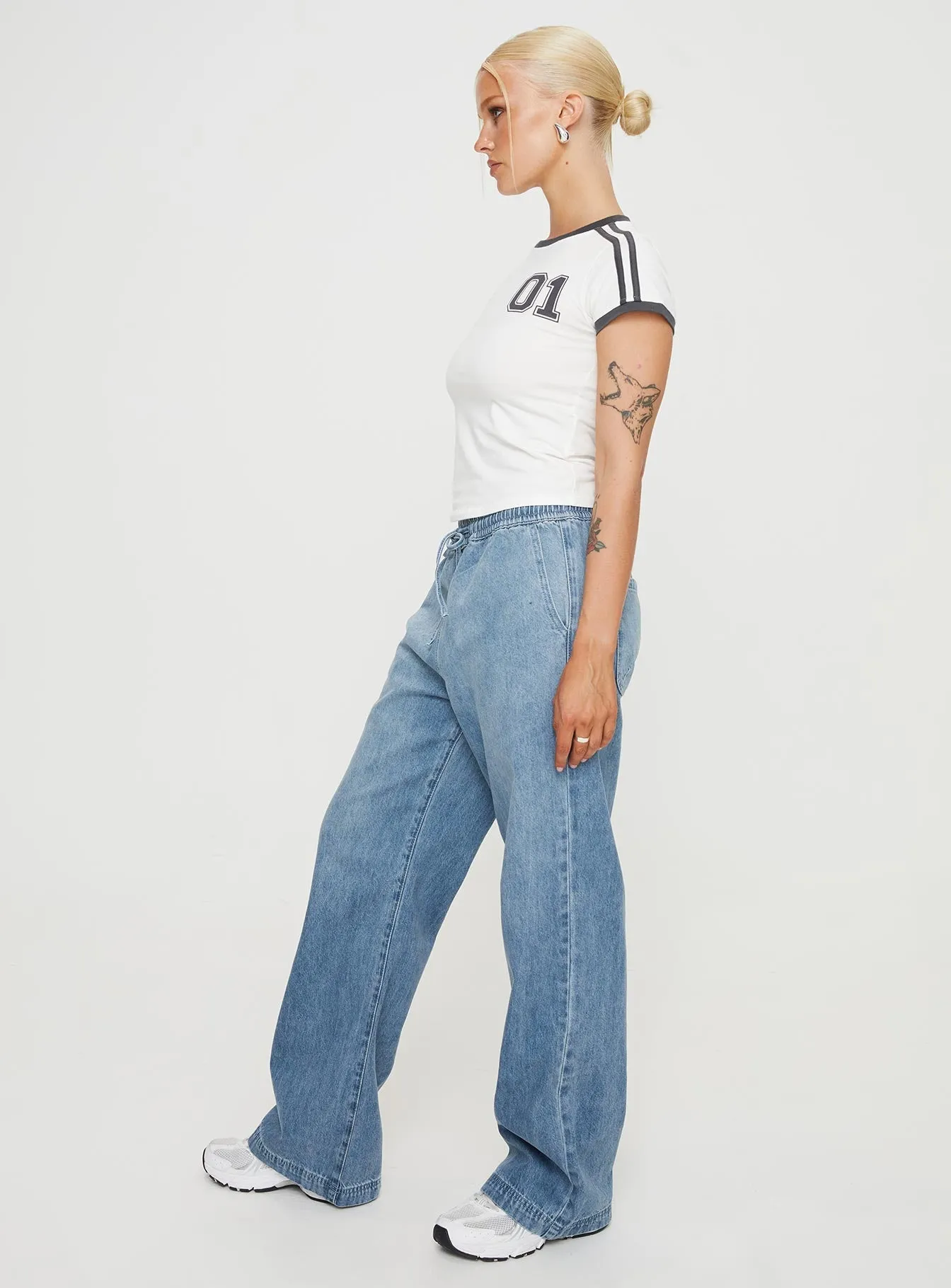 Maves Denim Drawstring Pants Mid Wash Slim Silhouette