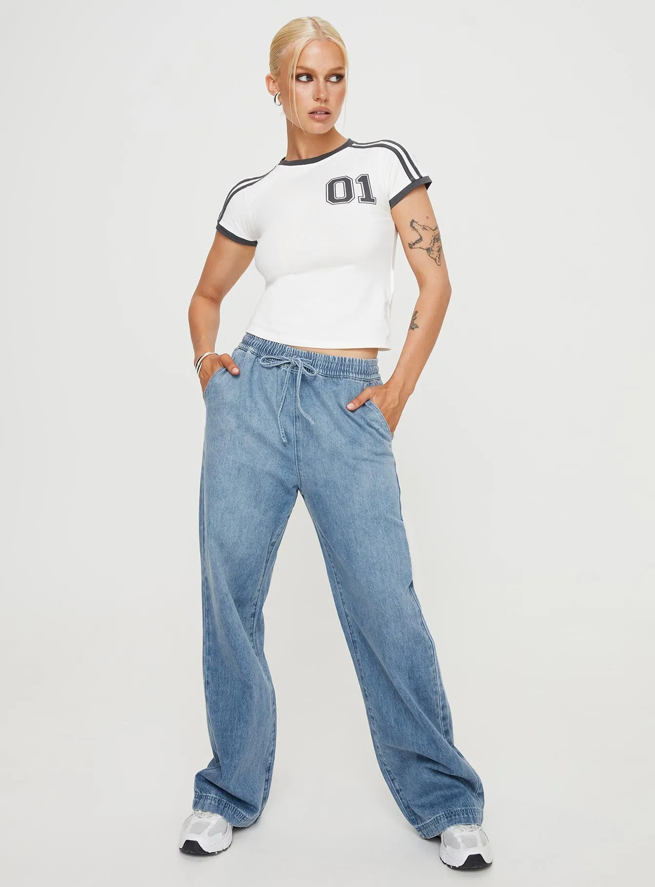 Maves Denim Drawstring Pants Mid Wash Recycled Material