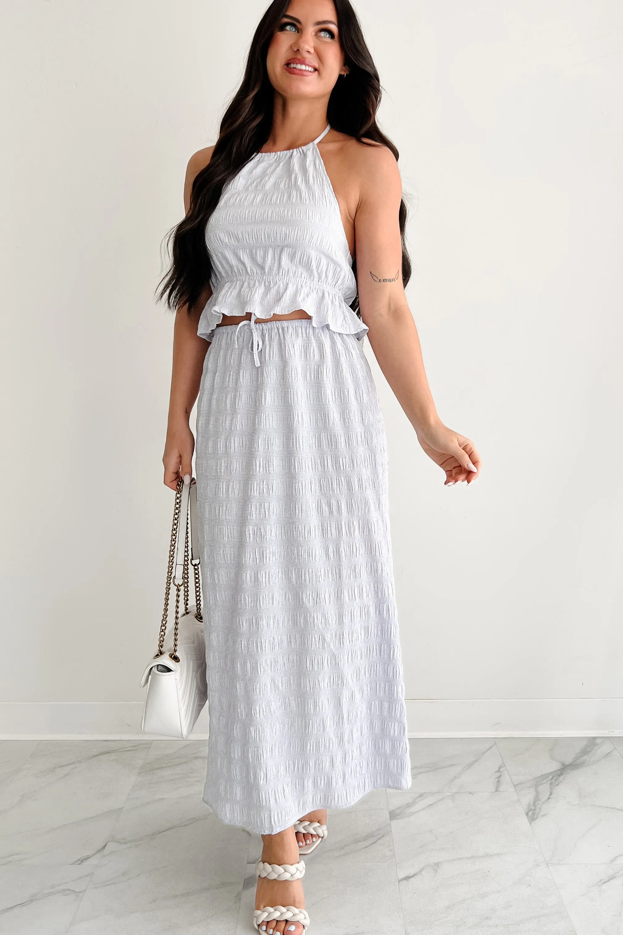 Dreaming Away Gingham Halter & Maxi Skirt Set (Lilac/White) Fade Resistant Dye