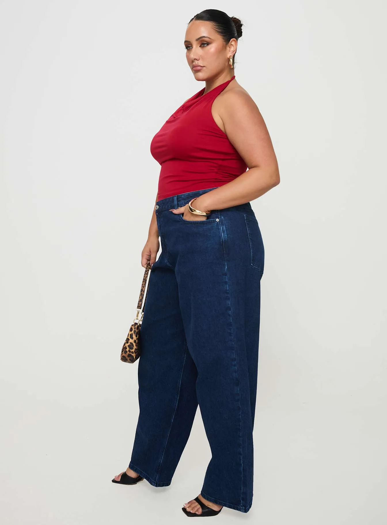 Non Stretch Denim Plain style Britta Mid Rise Tapered Leg Jeans Dark Wash Curve