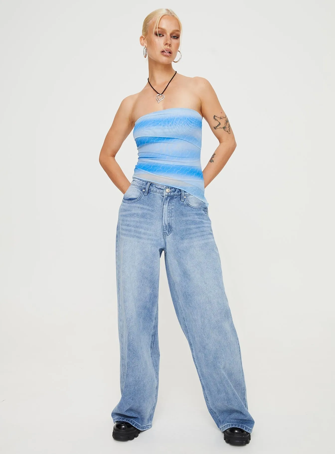 Devia Strapless Top Blue Raw Edge Finish Adjustable Collar System