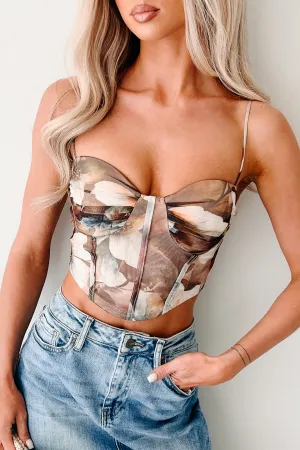 Let Go & Grow Floral Mesh Crop Top (Taupe) Multi Directional Stretch Sweat Resistant Inner Layer