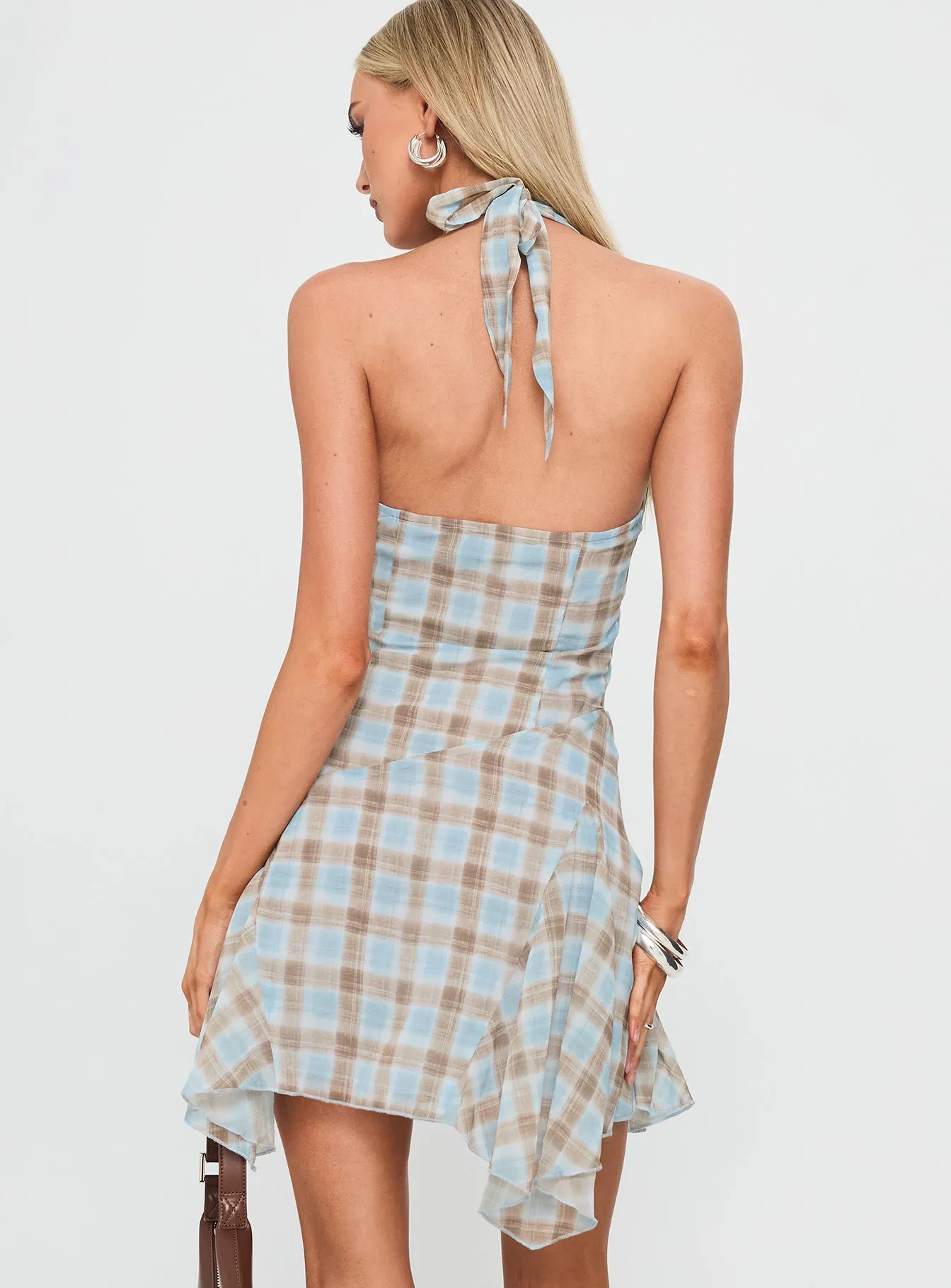 Valorie Halter Mini Dress Blue Check Pop Beat