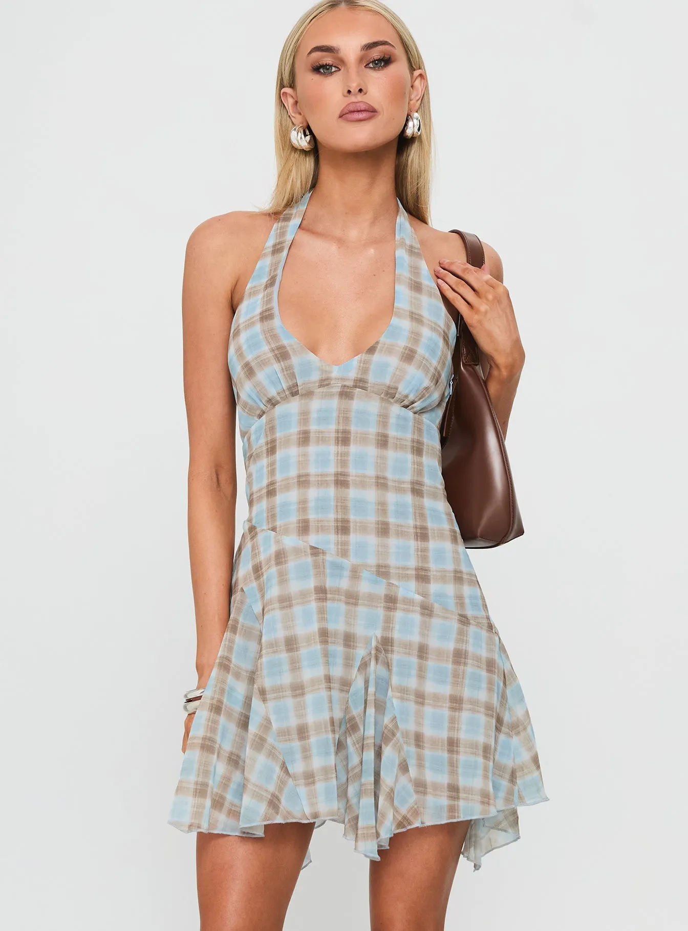 Valorie Halter Mini Dress Blue Check Playful fabric mini dress Quick Dry Textile