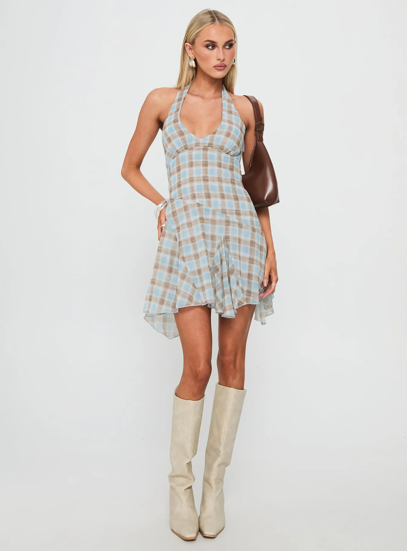 Uniform Drape Valorie Halter Mini Dress Blue Check