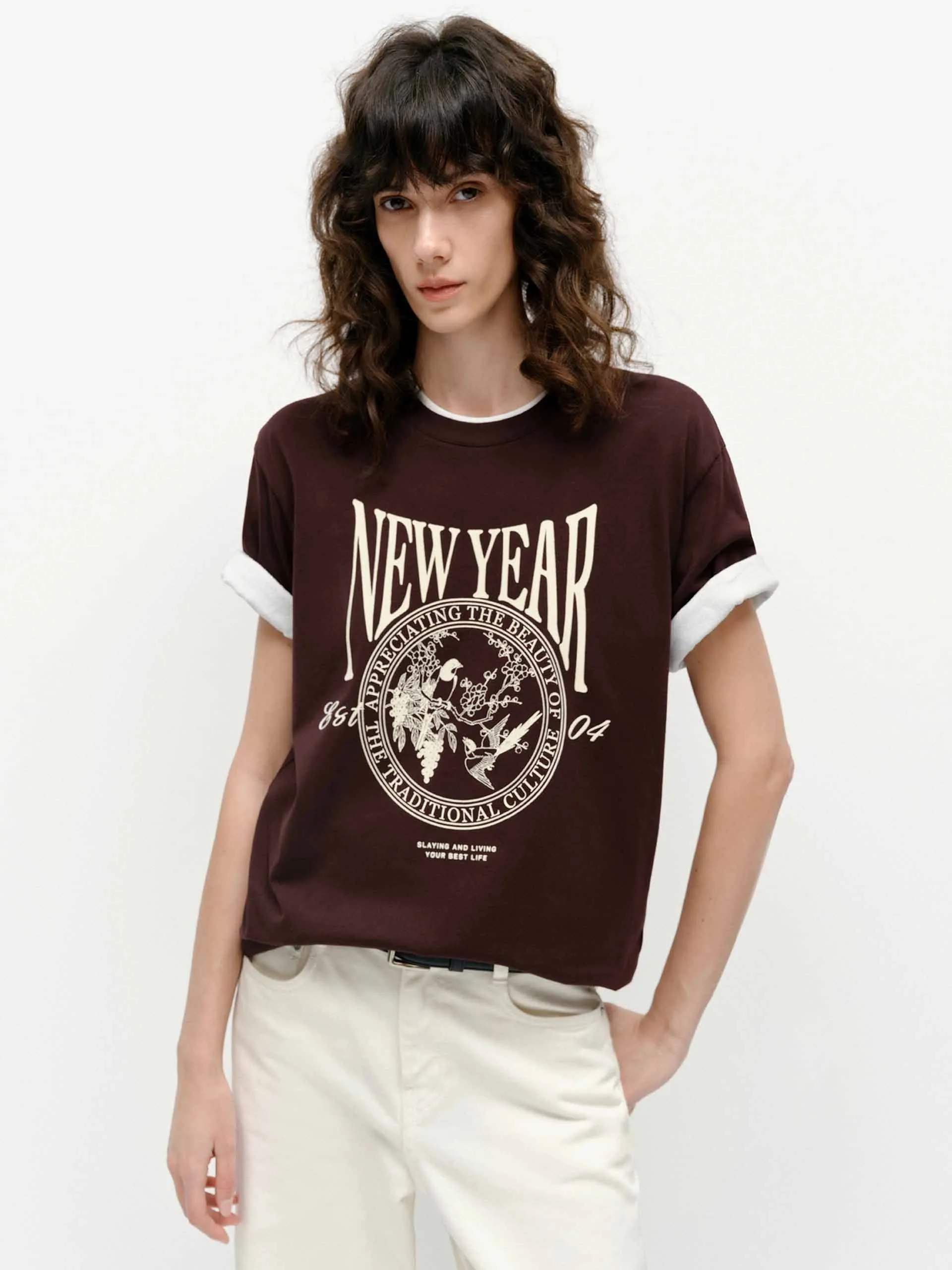 Front Printed Cotton T-shirt Formal Elegance short sleeved