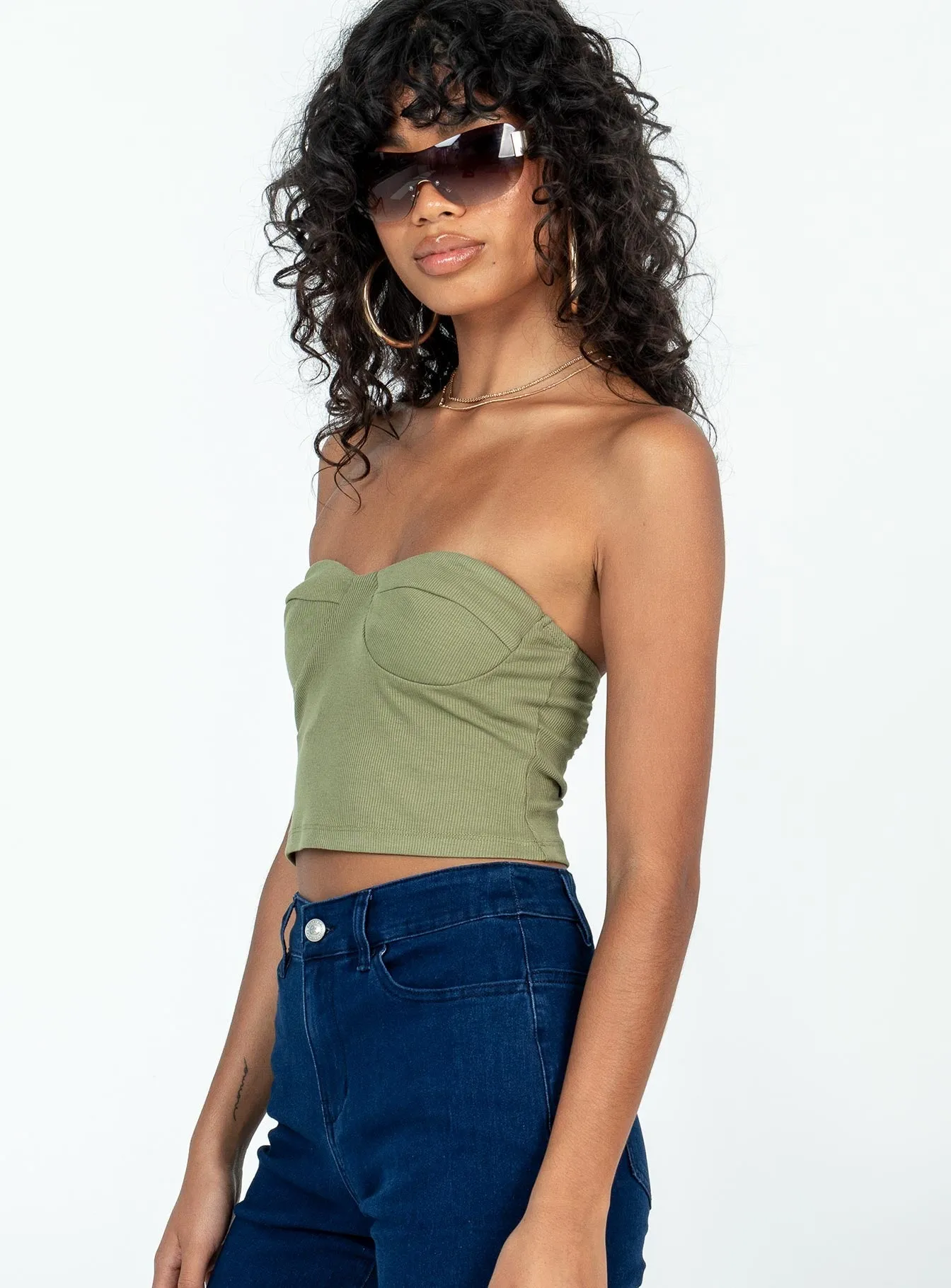 Henney Strapless Top Khaki Bound Seam Edges