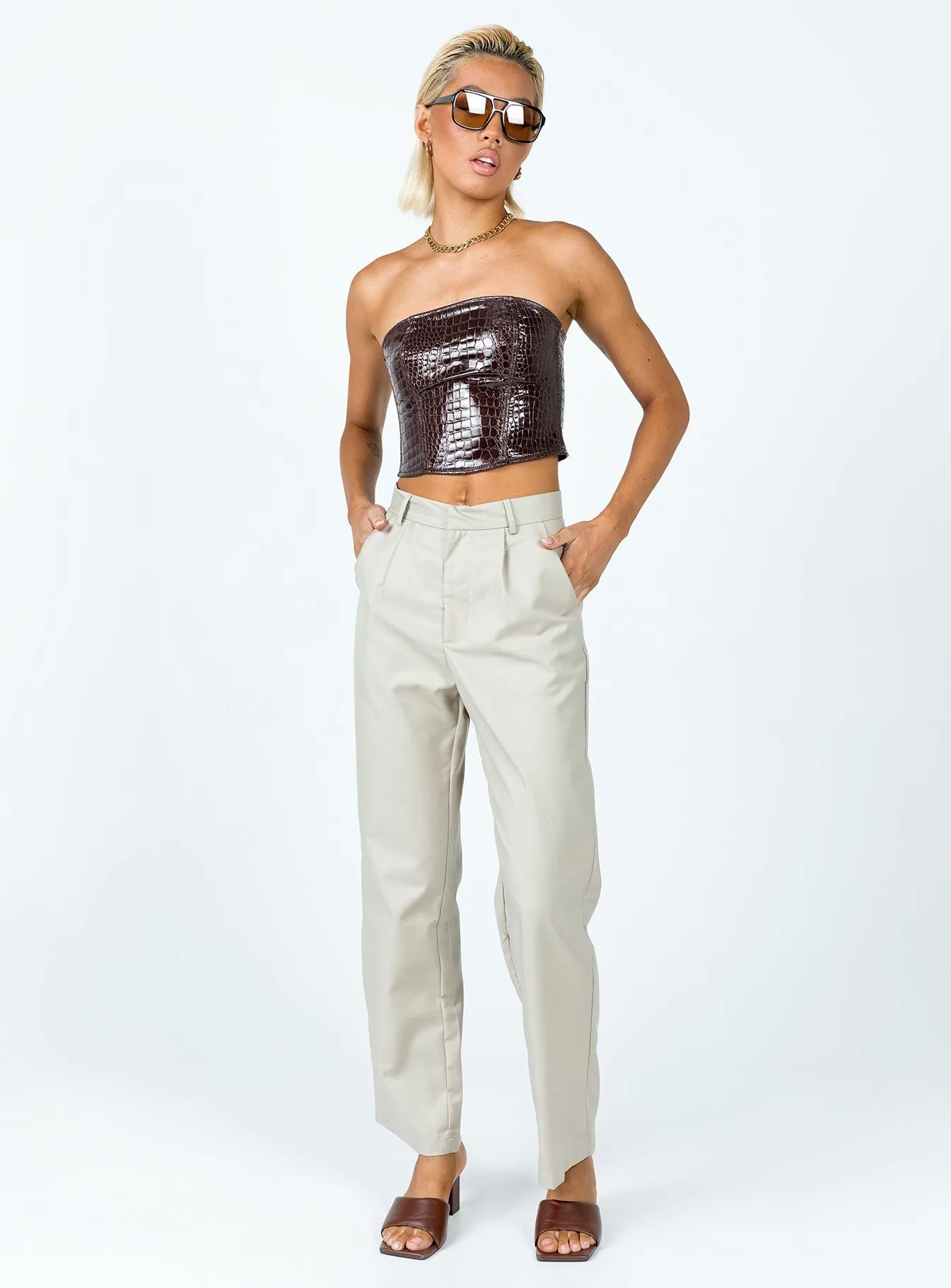 Motel Dena Top Croc PU Dark Brown Flatlock Seams
