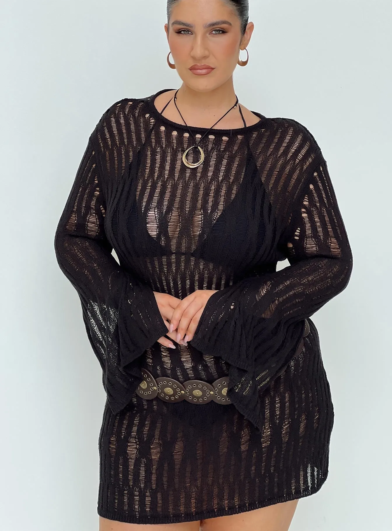 Cylian Long Sleeve Knit Mini Dress Black Curve Relaxed Chic Tagless Labeling