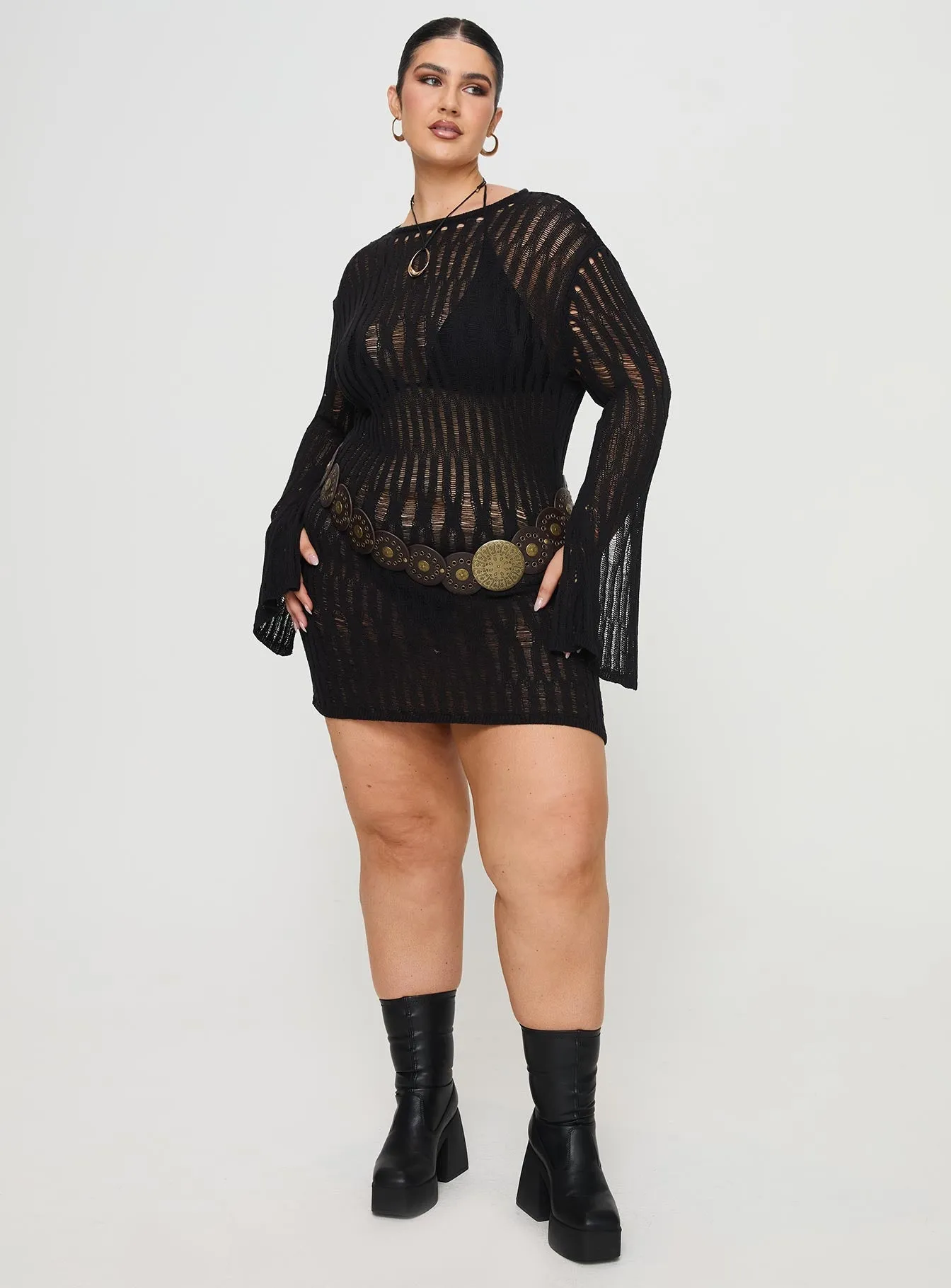 Cylian Long Sleeve Knit Mini Dress Black Curve Comfortable summer outing dress Playful fabric mini dress