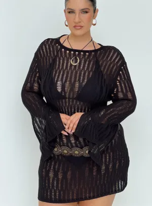 Cylian Long Sleeve Knit Mini Dress Black Curve Relaxed Chic Tagless Labeling