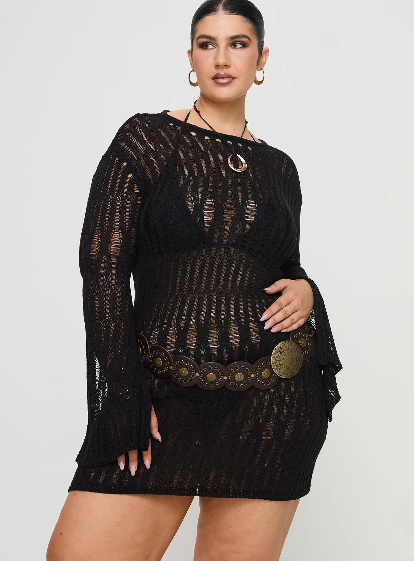 Relaxed Chic Cylian Long Sleeve Knit Mini Dress Black Curve