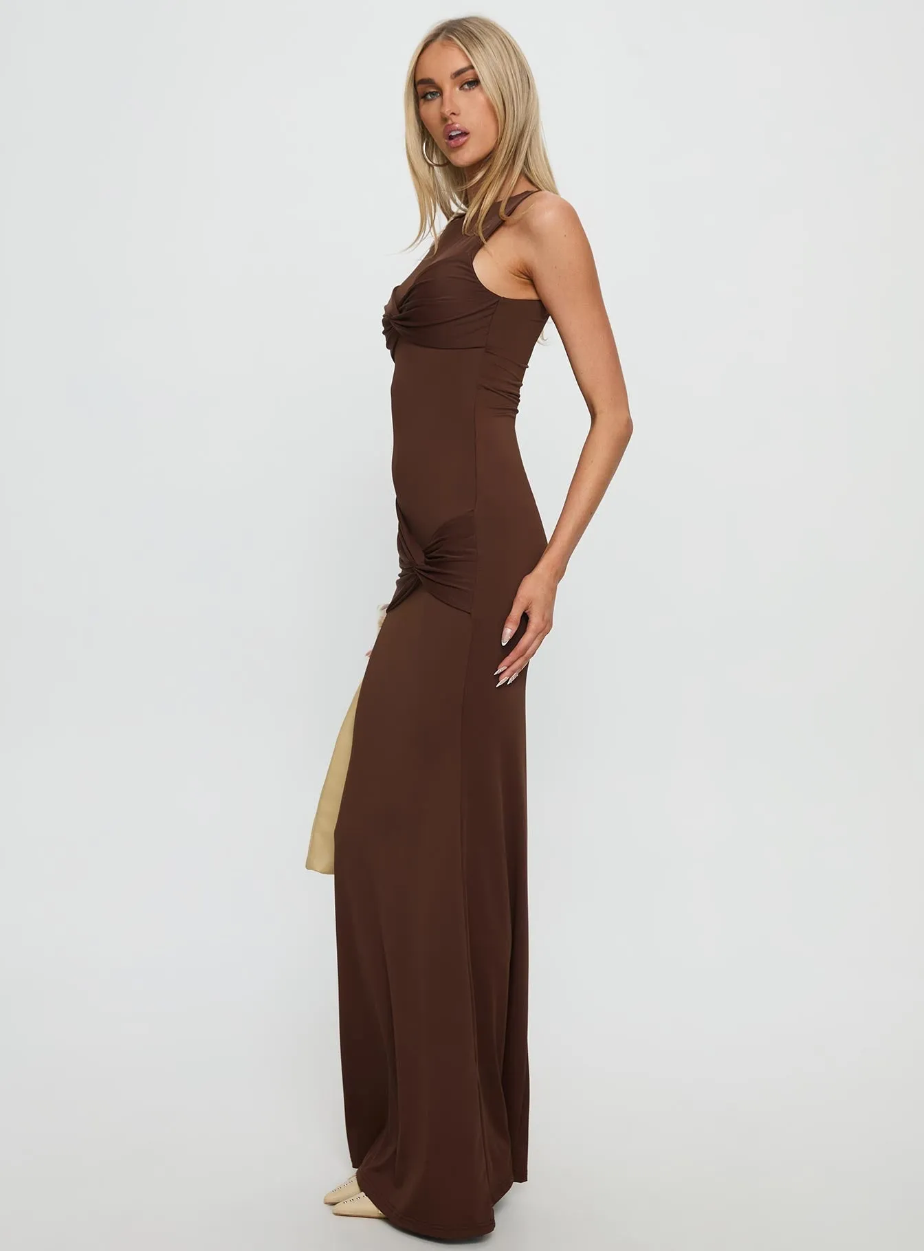 Ocean Blue Winter Light Pivotal Twist Detail Maxi Dress Brown