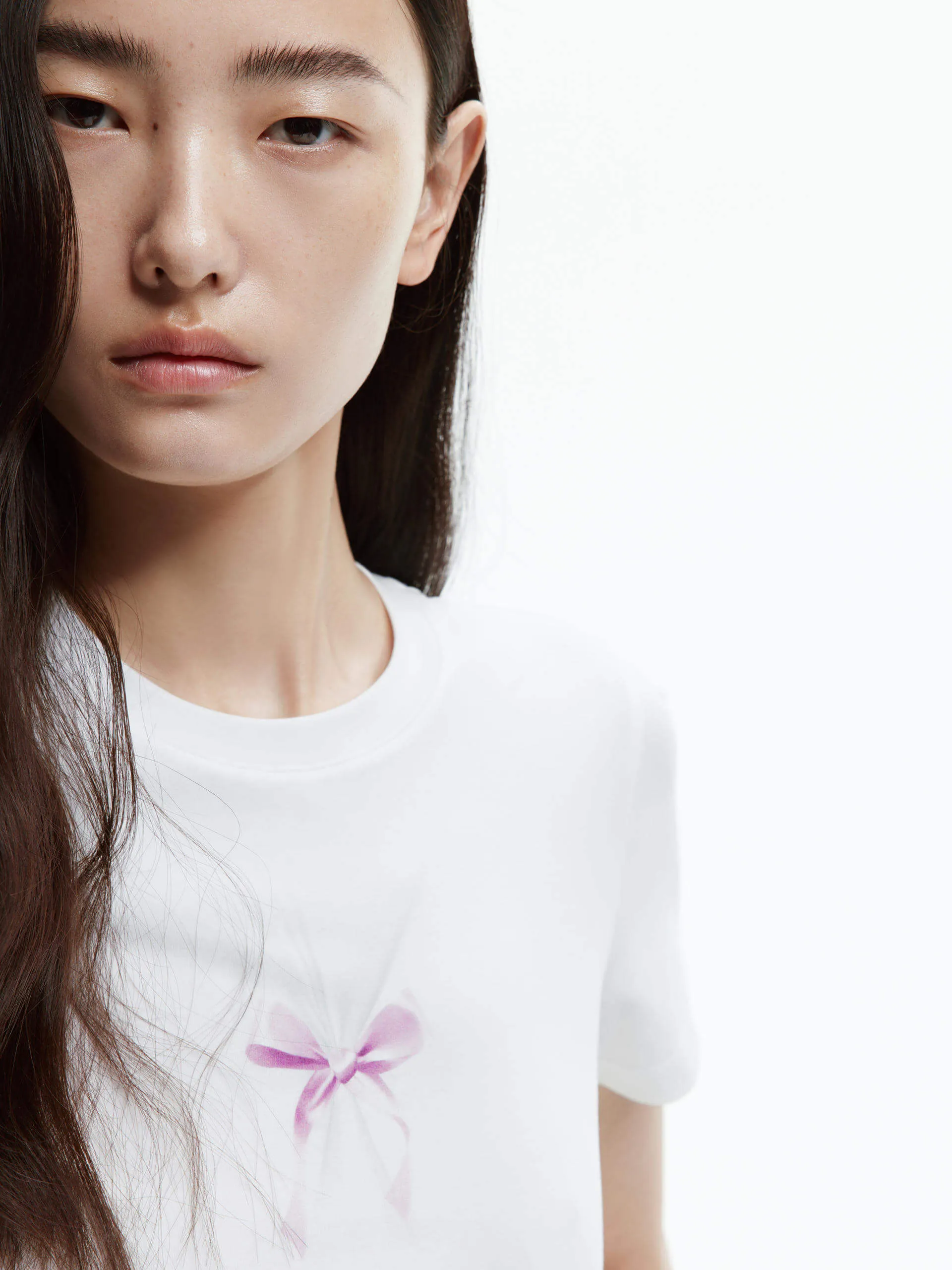 Bow Print Cotton Blend T-shirt Versatile Trend