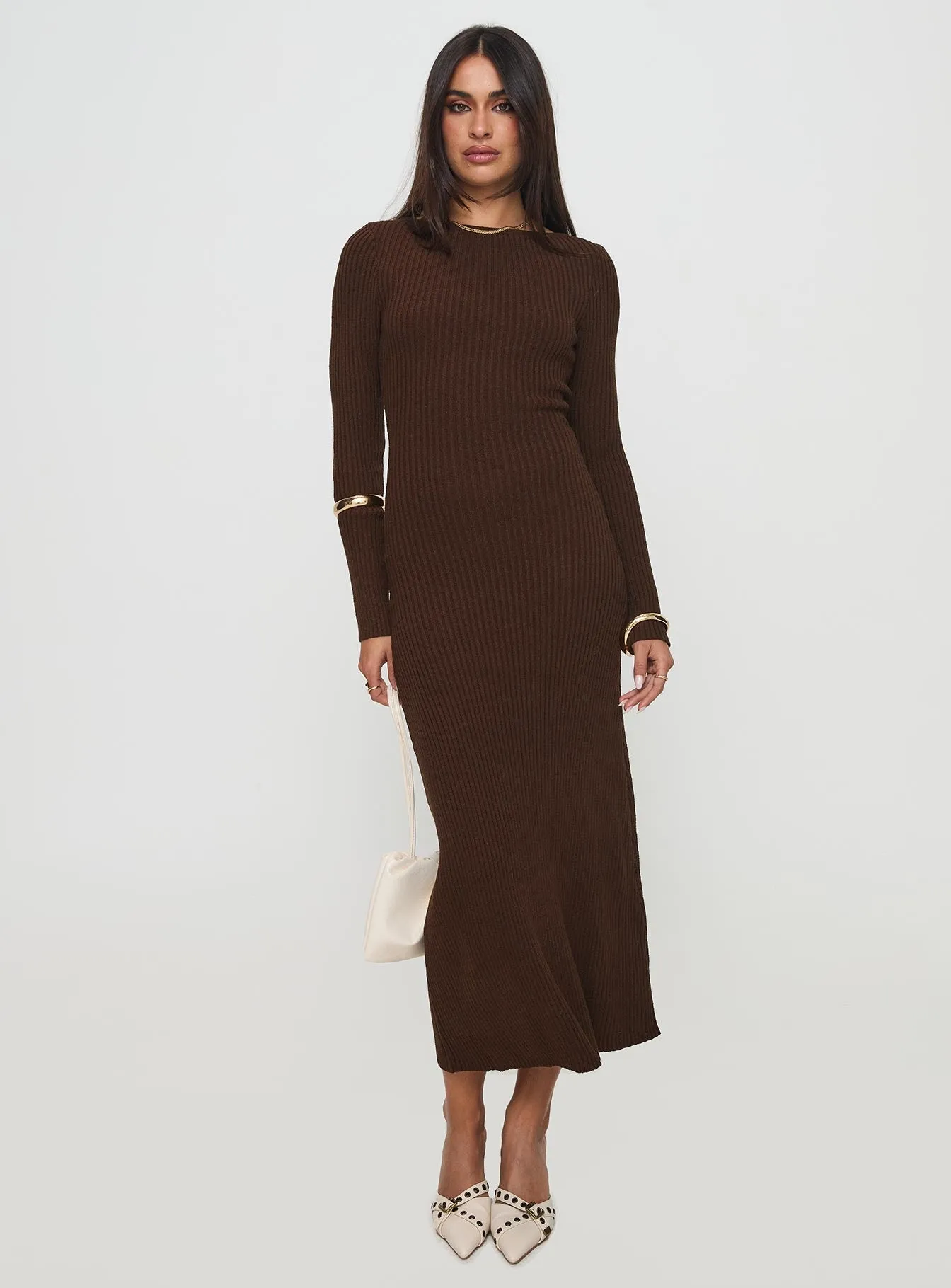 Confident Walk Italian Ease Osment Long Sleeve Knit Maxi Dress Chocolate