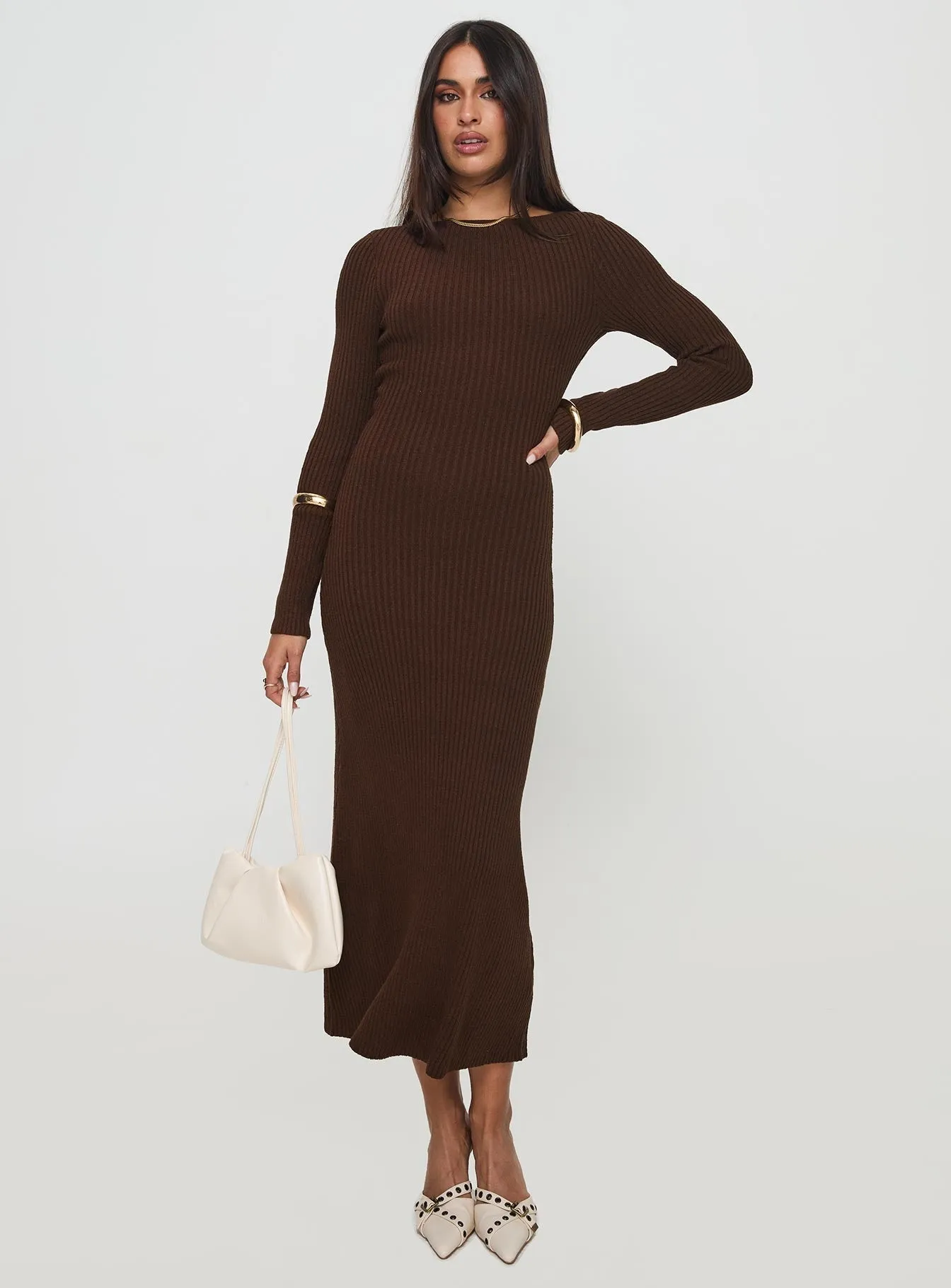 Osment Long Sleeve Knit Maxi Dress Chocolate Bridge Walk Perfect for layering with jackets or sweaters this maxi dress works for year-round wear