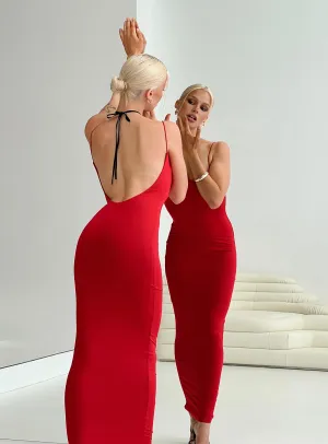 Taree Maxi Dress Red Trim Art Pool side