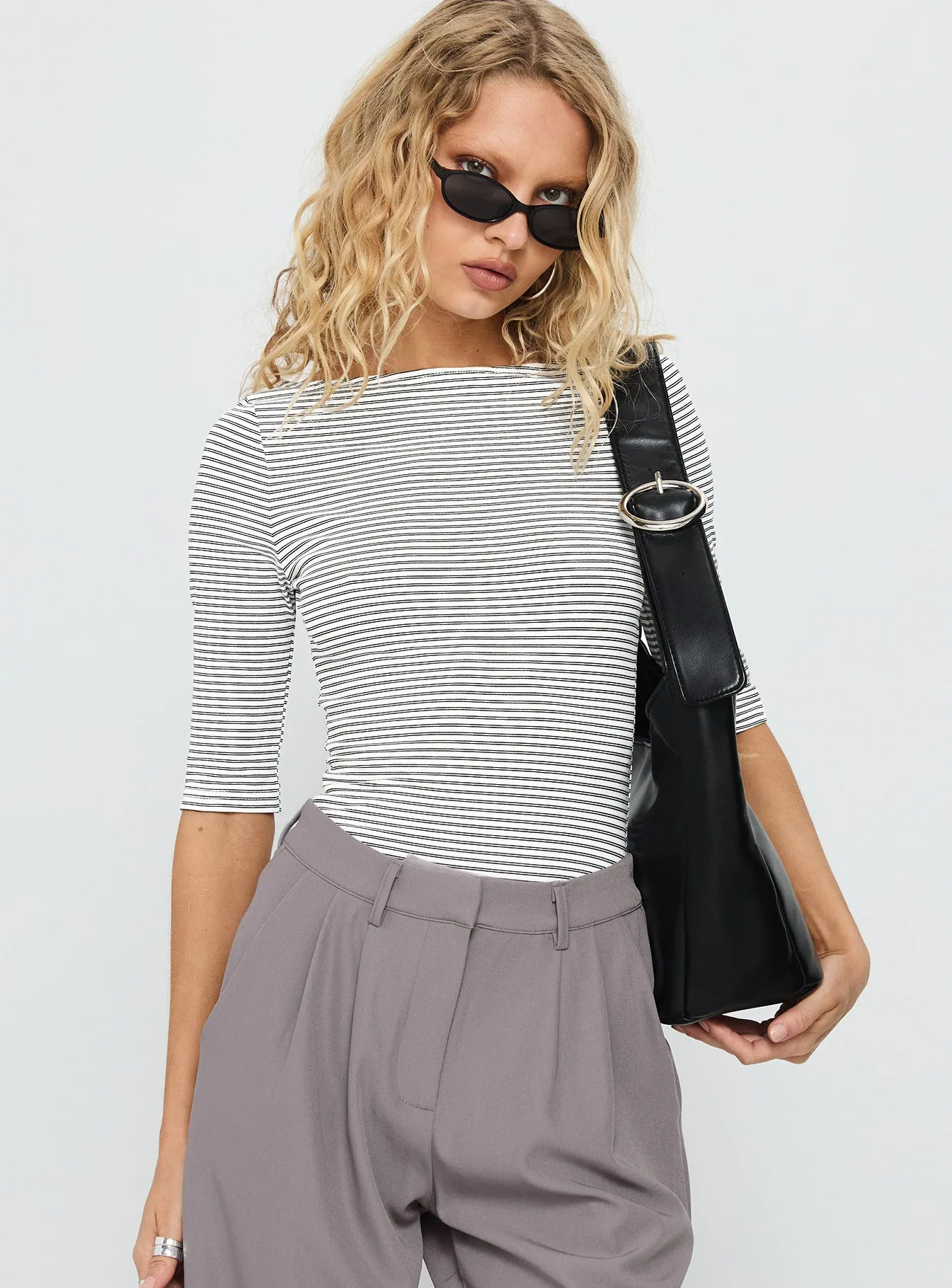 Here One Moment 3/4 Sleeve Bodysuit Black / White Stripe Casual Adult