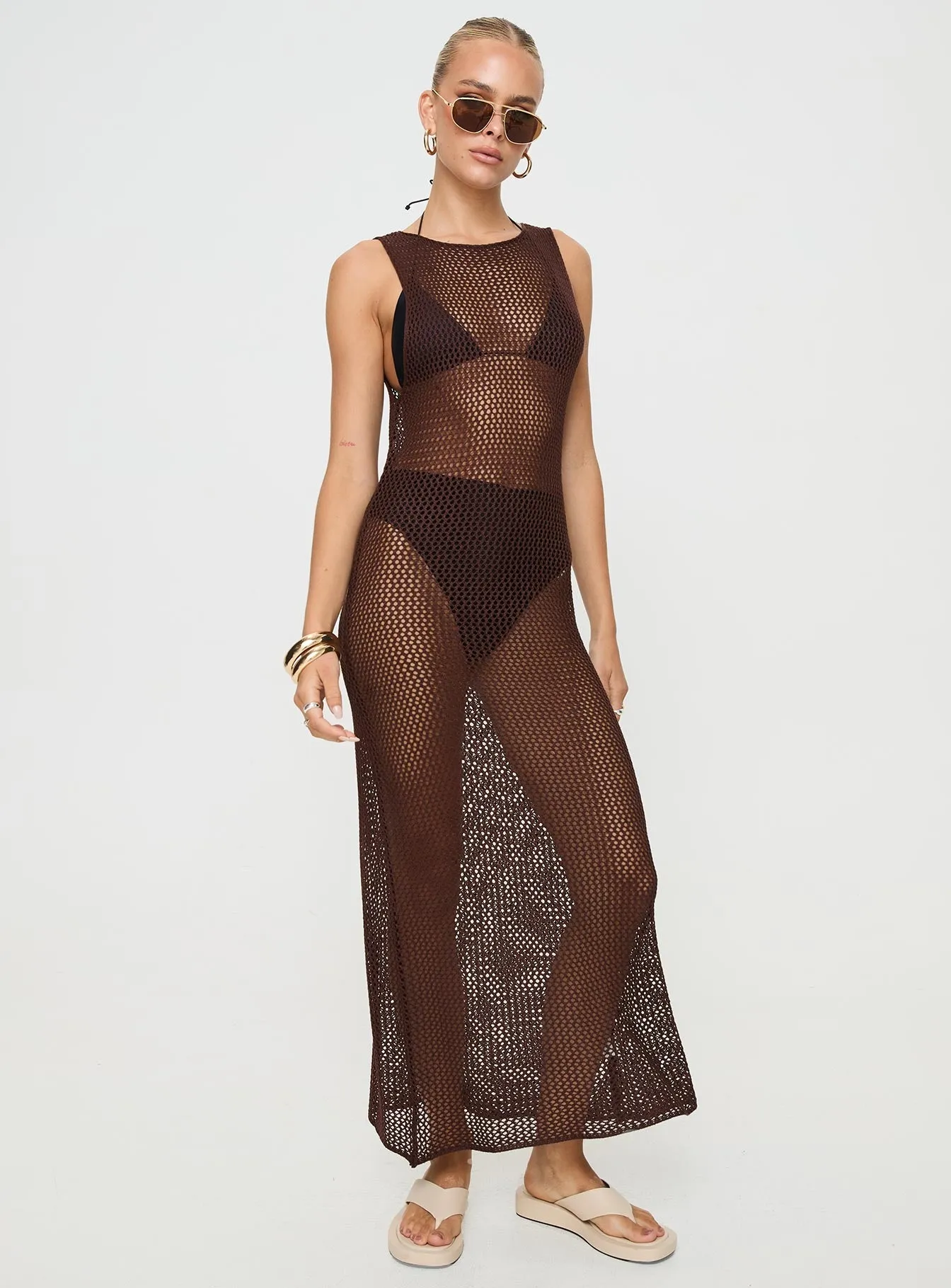 Sipping Knit Maxi Dress Brown Cowl Neck Cream Tone