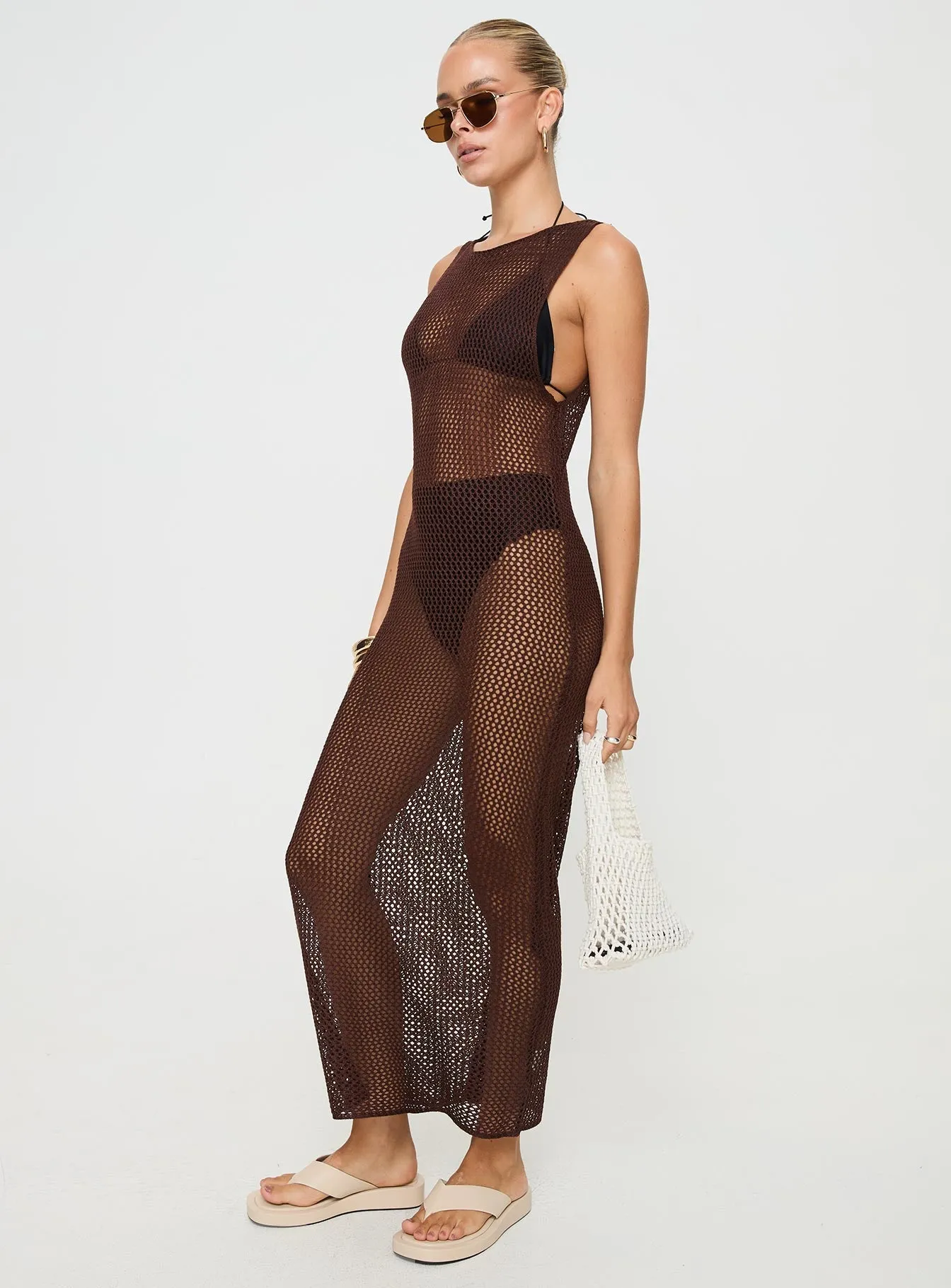 Sipping Knit Maxi Dress Brown Gold Touch Pine Grove