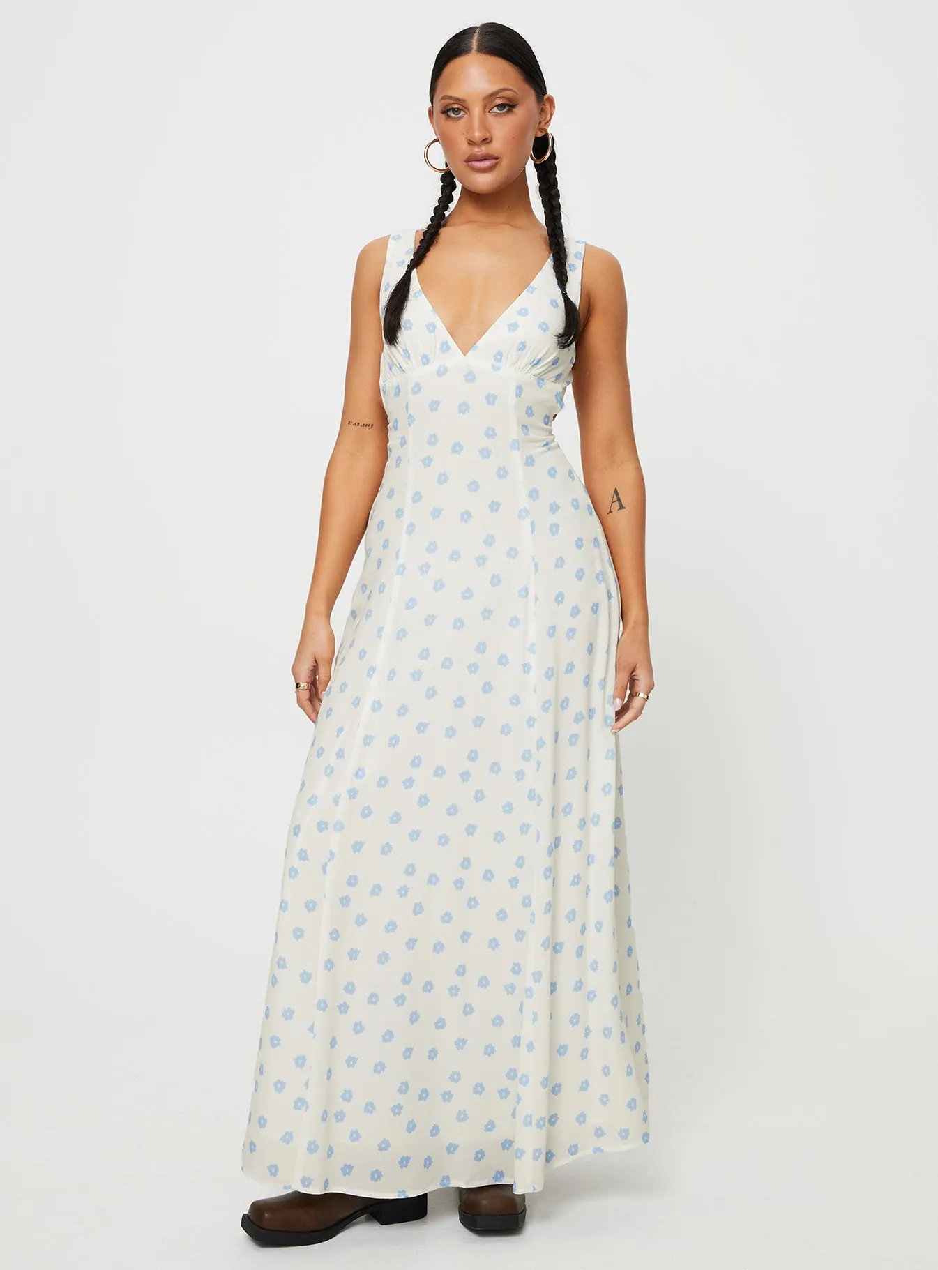 Florette Open Back Maxi Dress Cream Multi Gray Mist Scandi Clean