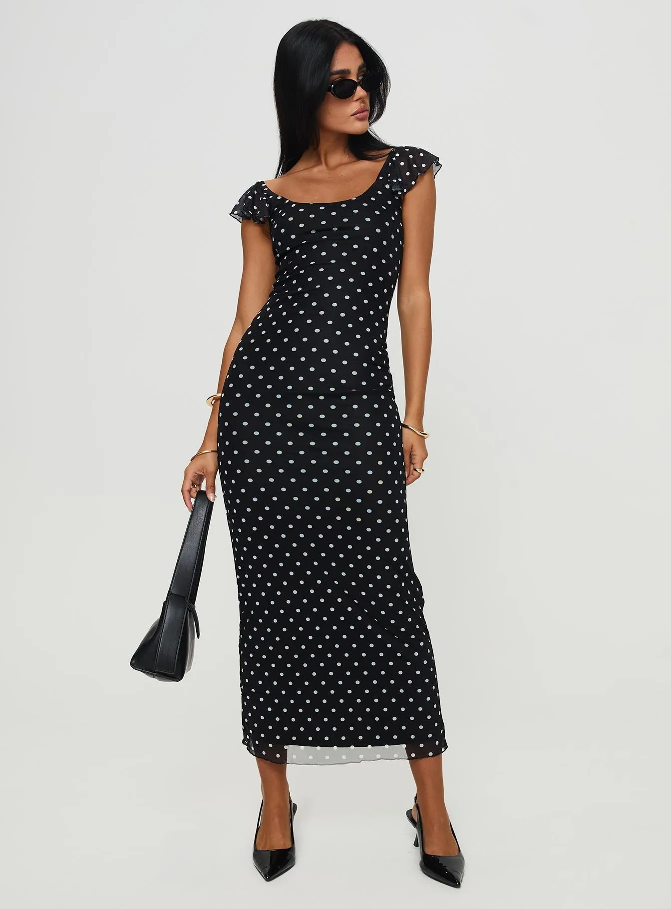 Sandberg Maxi Dress Black Polka Dot Bronze Tone Silk Drape