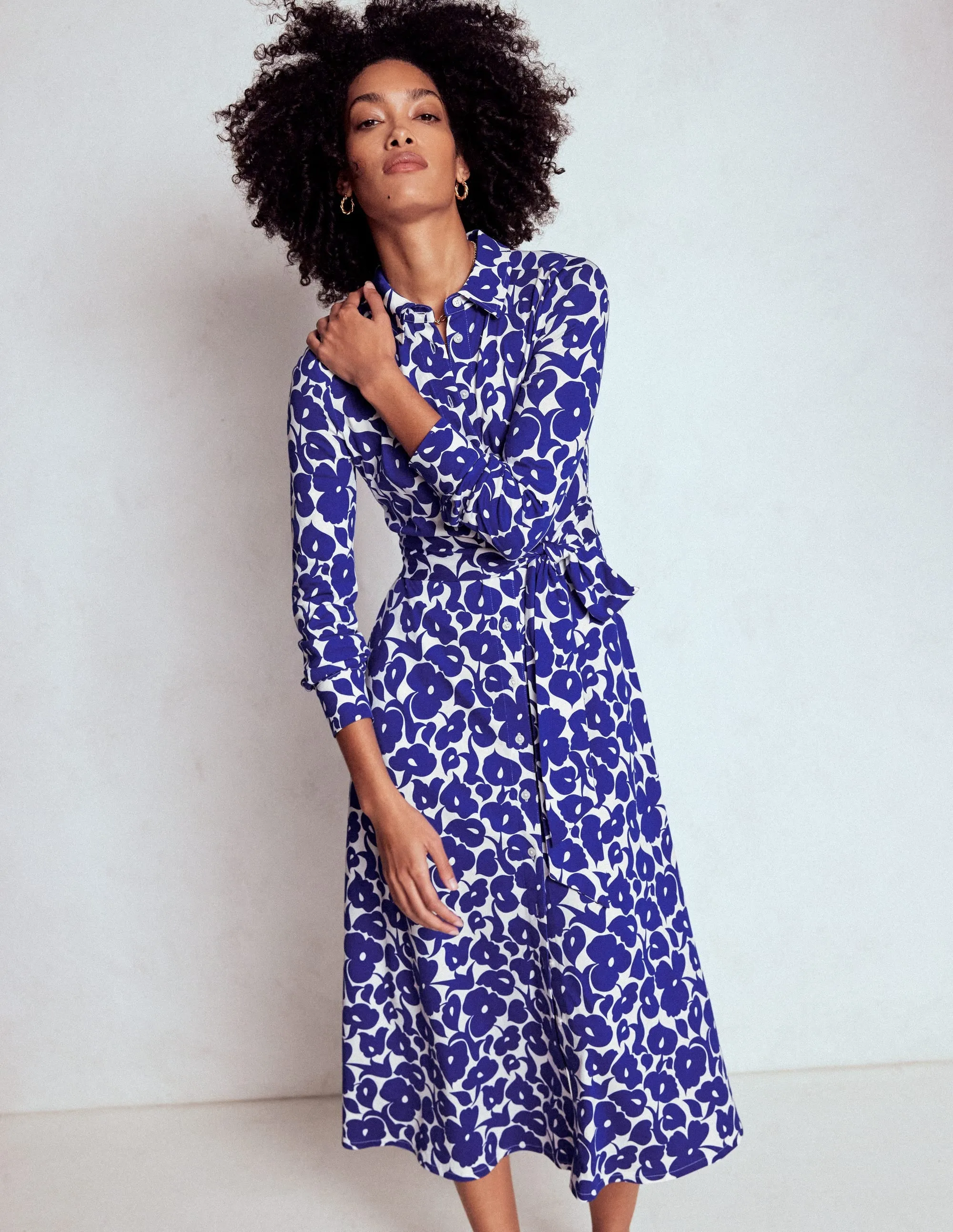 Marcia Jersey Shirt Dress-Bright Blue, Leafy Grove Airy Shape Day-to-night versatile dress