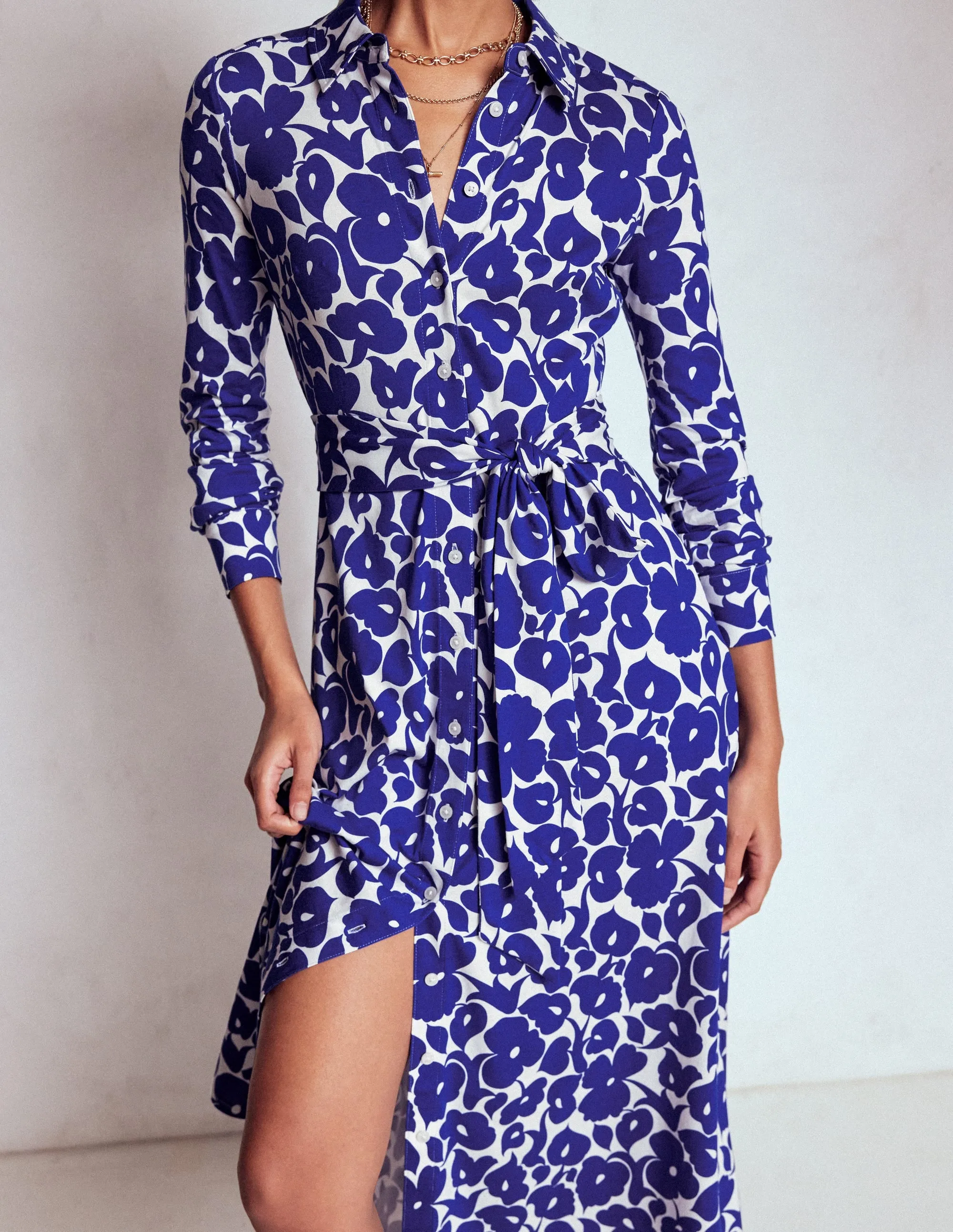 Marcia Jersey Shirt Dress-Bright Blue, Leafy Grove Flattering Shape Canyon Walk