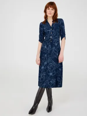 Printed Button-Front Midi Dress With Pockets Metal Shine