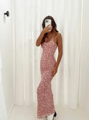 Knox Maxi Dress Pink Floral Side Slit Denim Glow