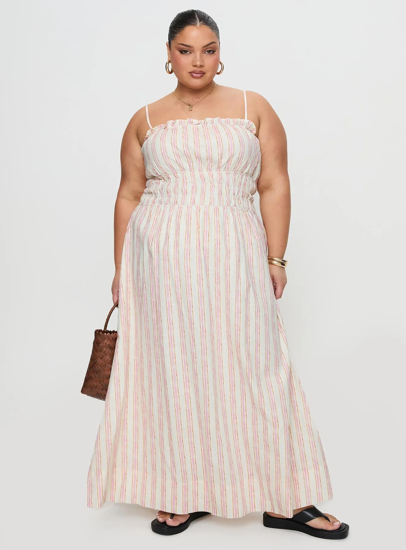 Pine Grove Sunbeam Flow Persephone Shirring Linen Maxi Dress Pink Stripe Curve