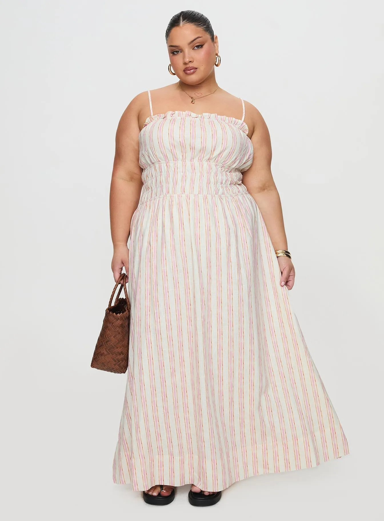 Persephone Shirring Linen Maxi Dress Pink Stripe Curve With a flattering shape and versatile design this dress is perfect for all occasions
