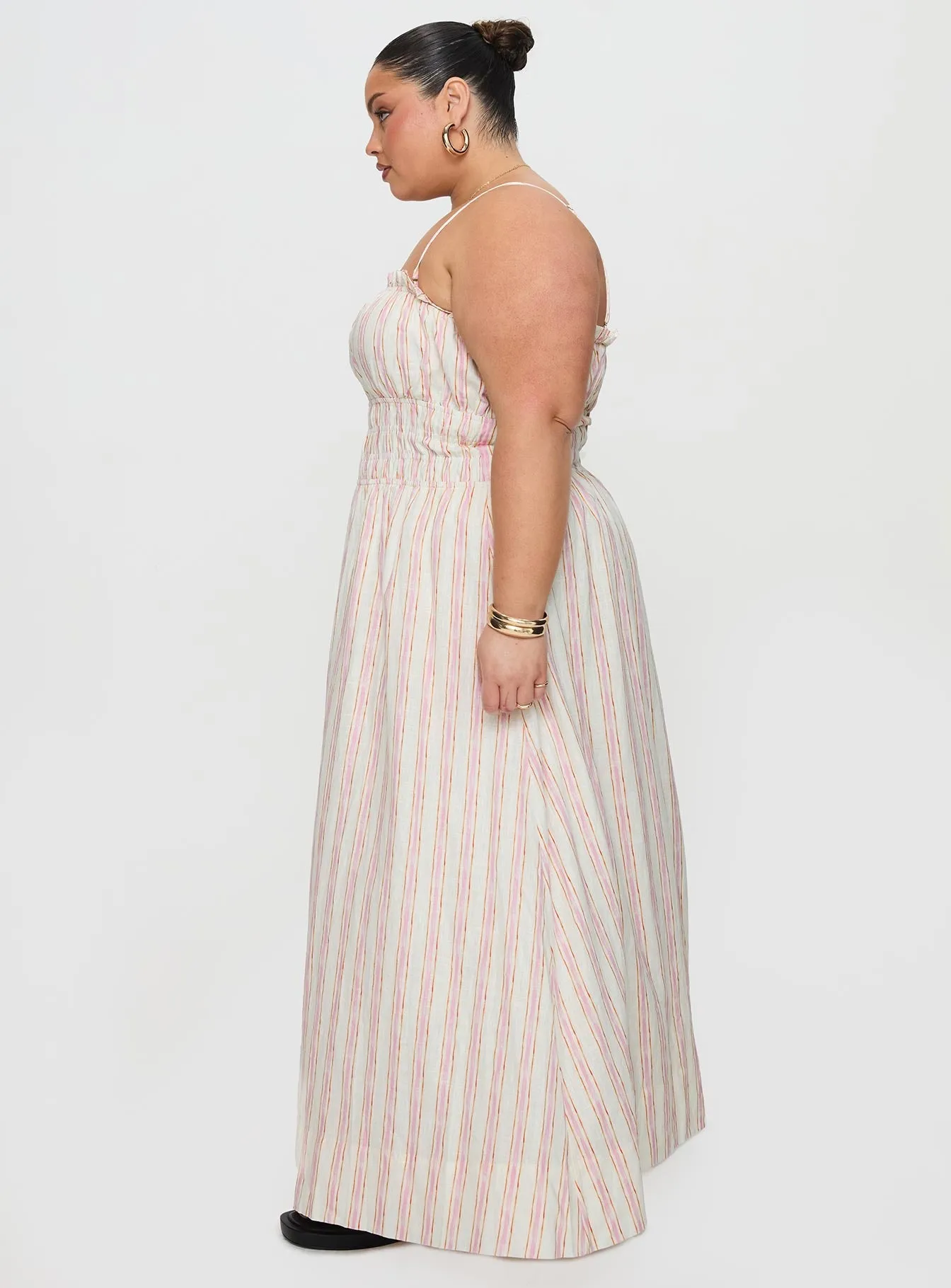 Persephone Shirring Linen Maxi Dress Pink Stripe Curve Relaxed and stylish dress The simple yet refined design of this dress makes it easy to pair with different accessories