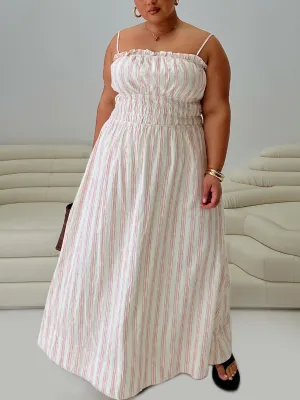 Ombre Shade Roof View Persephone Shirring Linen Maxi Dress Pink Stripe Curve