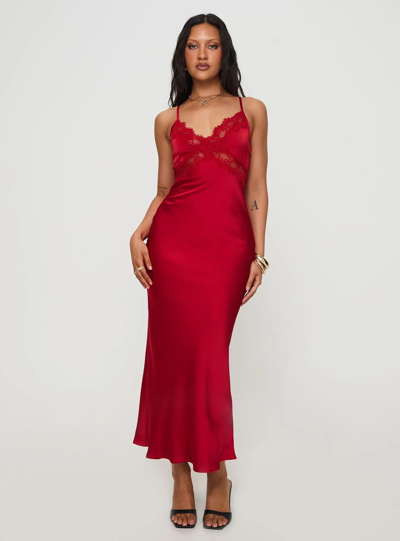 Treasure Bias Cut Maxi Dress Red Tulip Glow Meadow Path