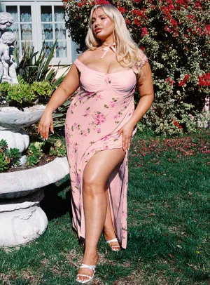 Emmeline Off The Shoulder Maxi Dress Pink Floral Curve Minimalist long piece Mustard Pop