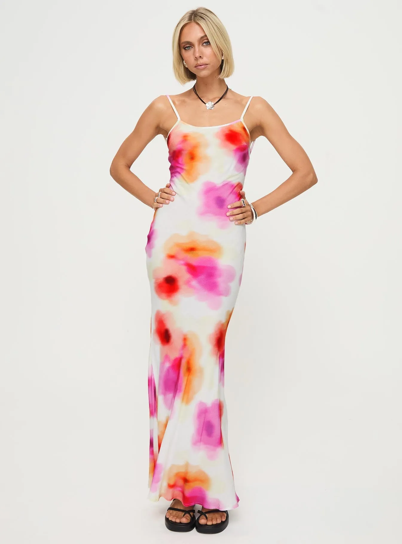 Luncheon Maxi Dress Pink Multi Flowing chiffon dress