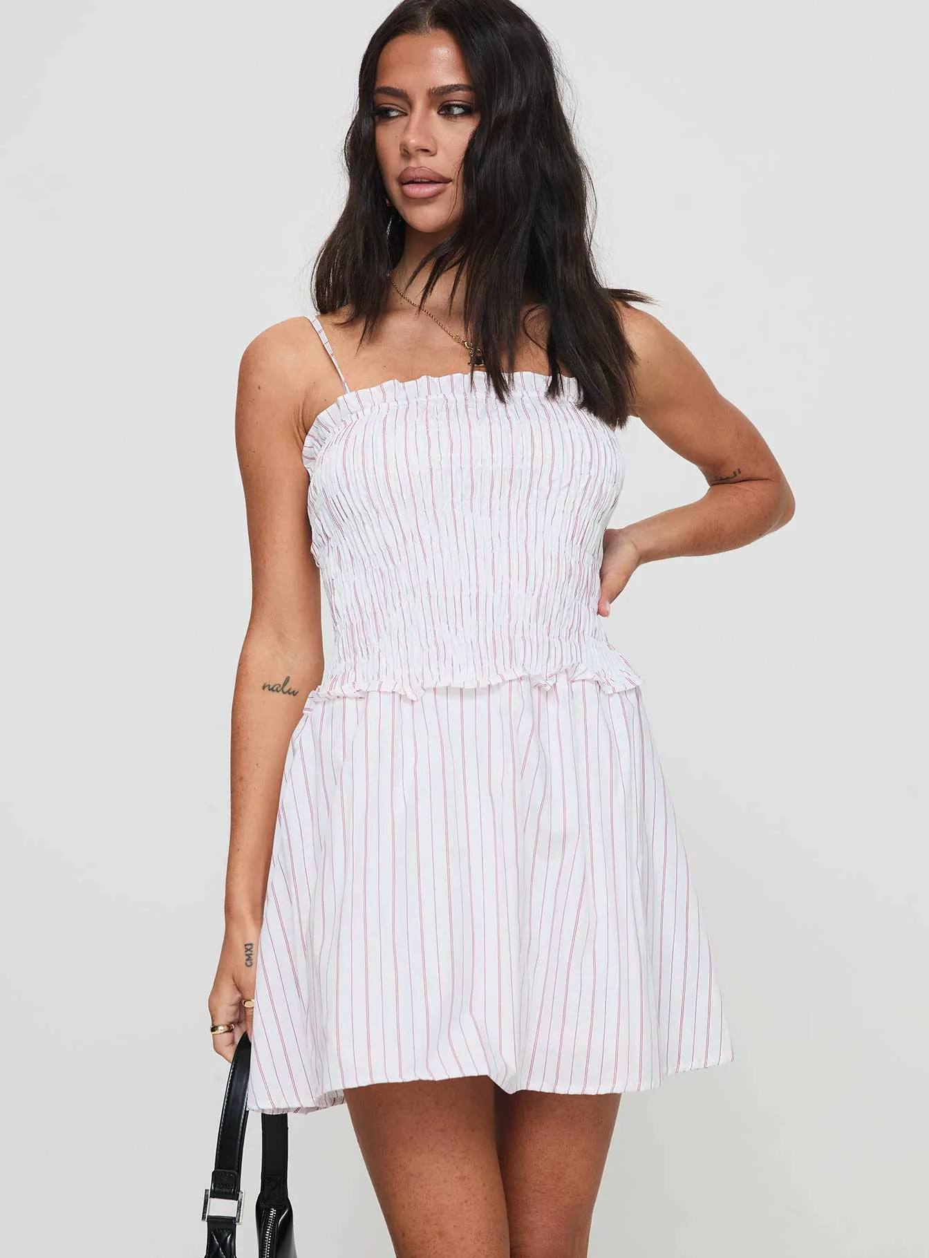 Fabray Shirred Stripe Mini Dress Red / White Casual Comfort