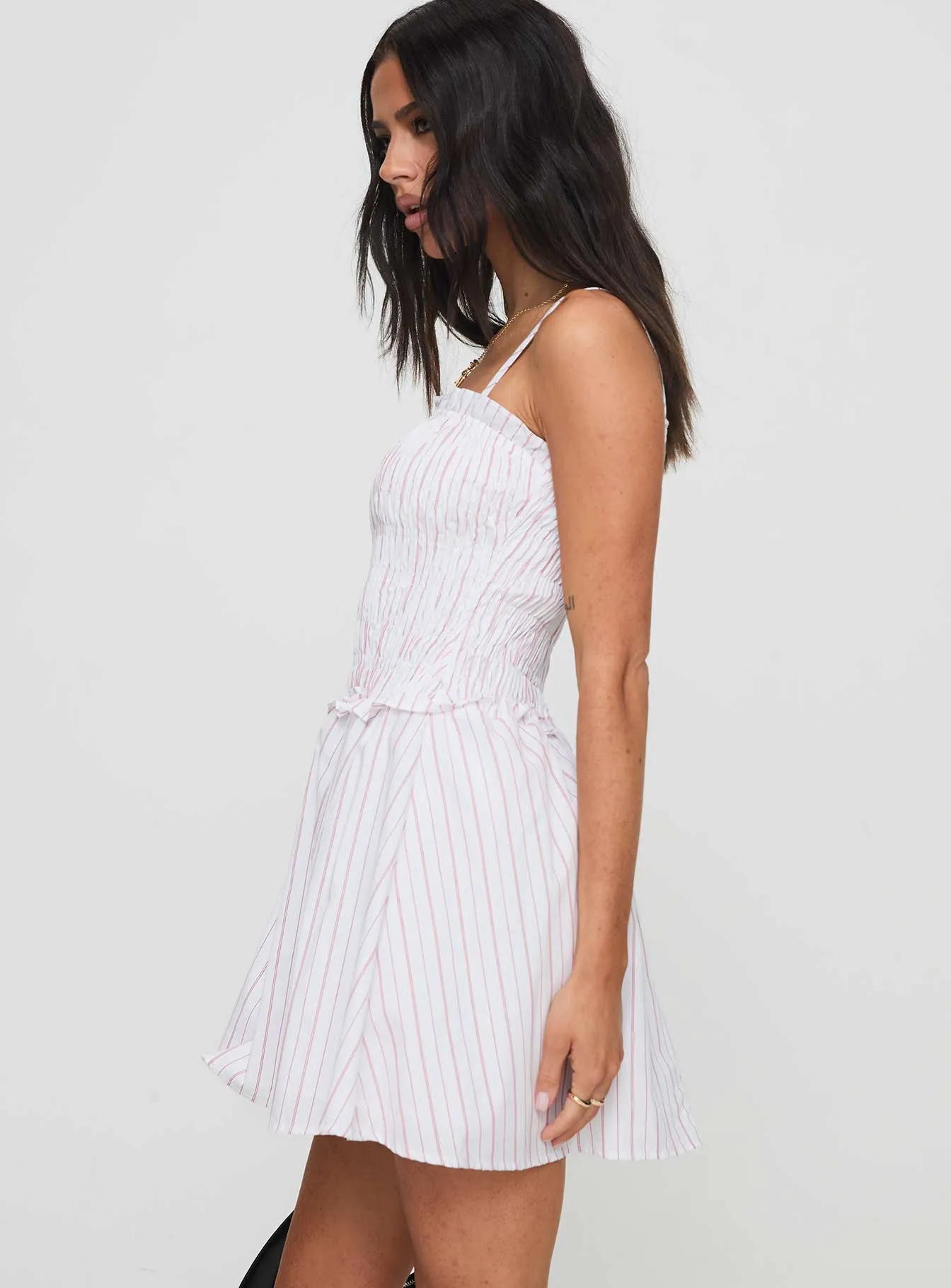 Street Ready Look Casual Day Look Fabray Shirred Stripe Mini Dress Red / White