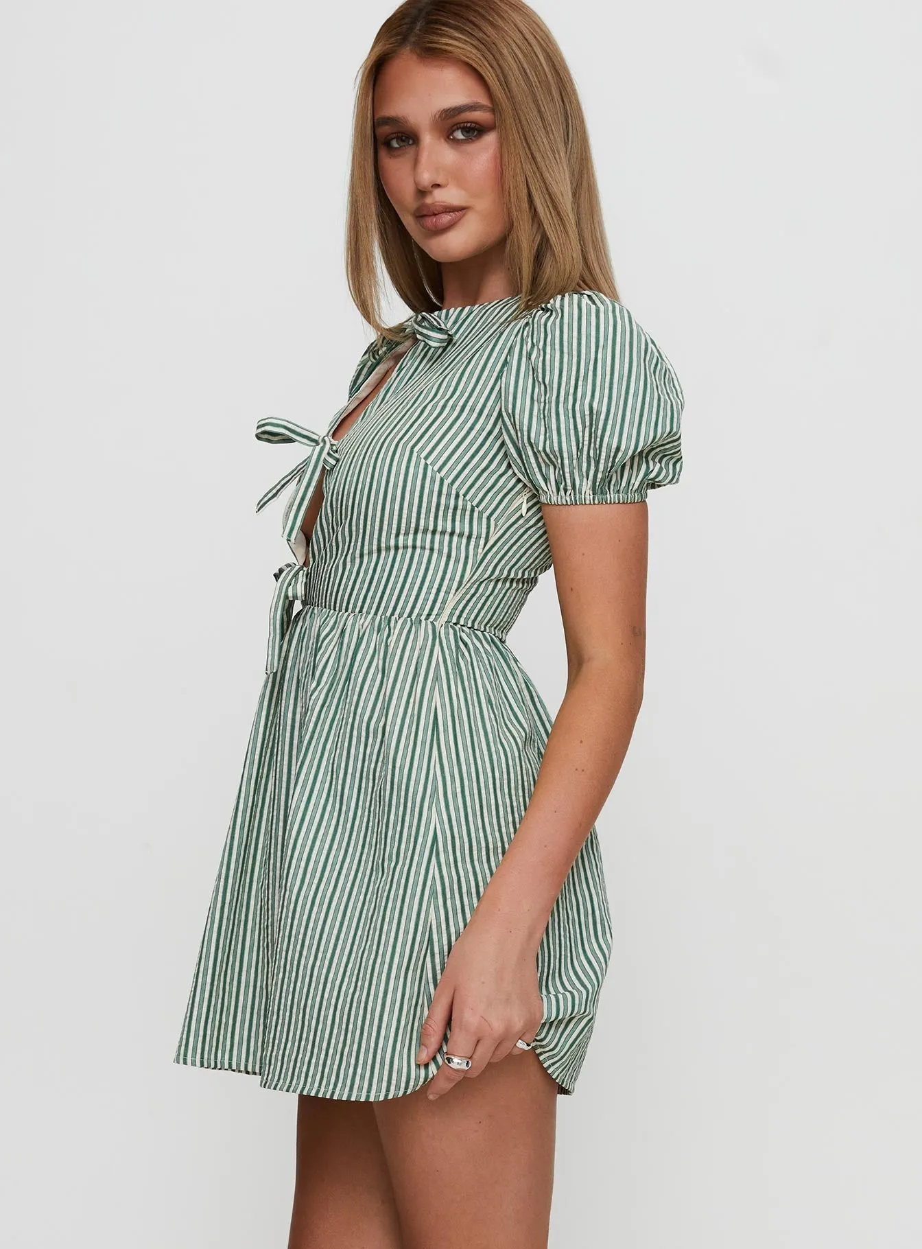 Nurture Bow Mini Dress Green Stripe Youthful Vibe Lightweight Weave