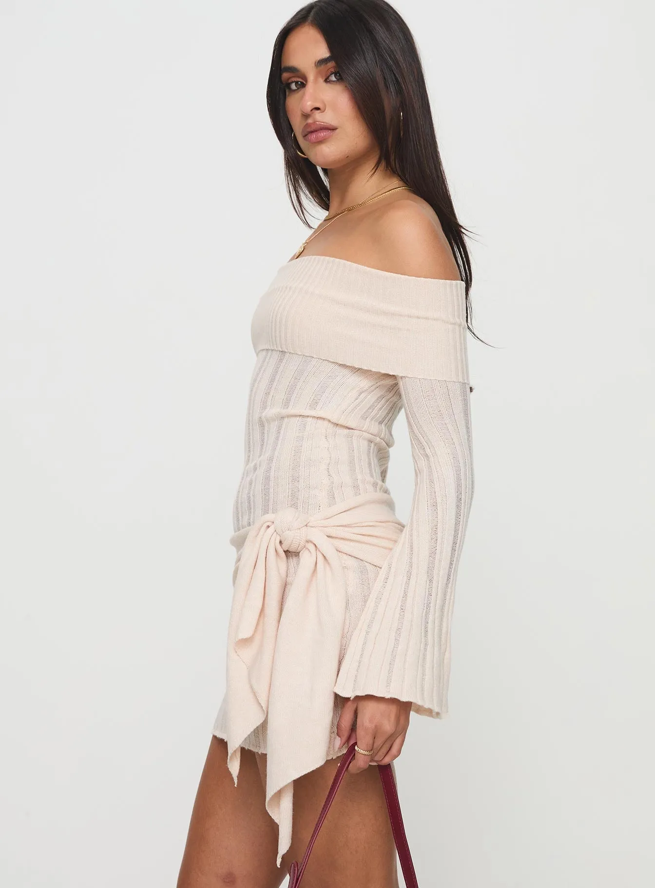 Modest Coverage Cut Boho Chic Look Oalie Off The Shoulder Mini Dress Cream