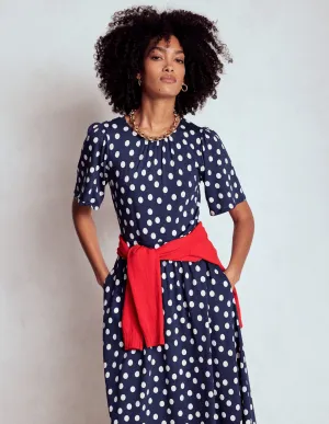 Louisa Jersey Midi Dress-French Navy, Painted Dot Timeless Design