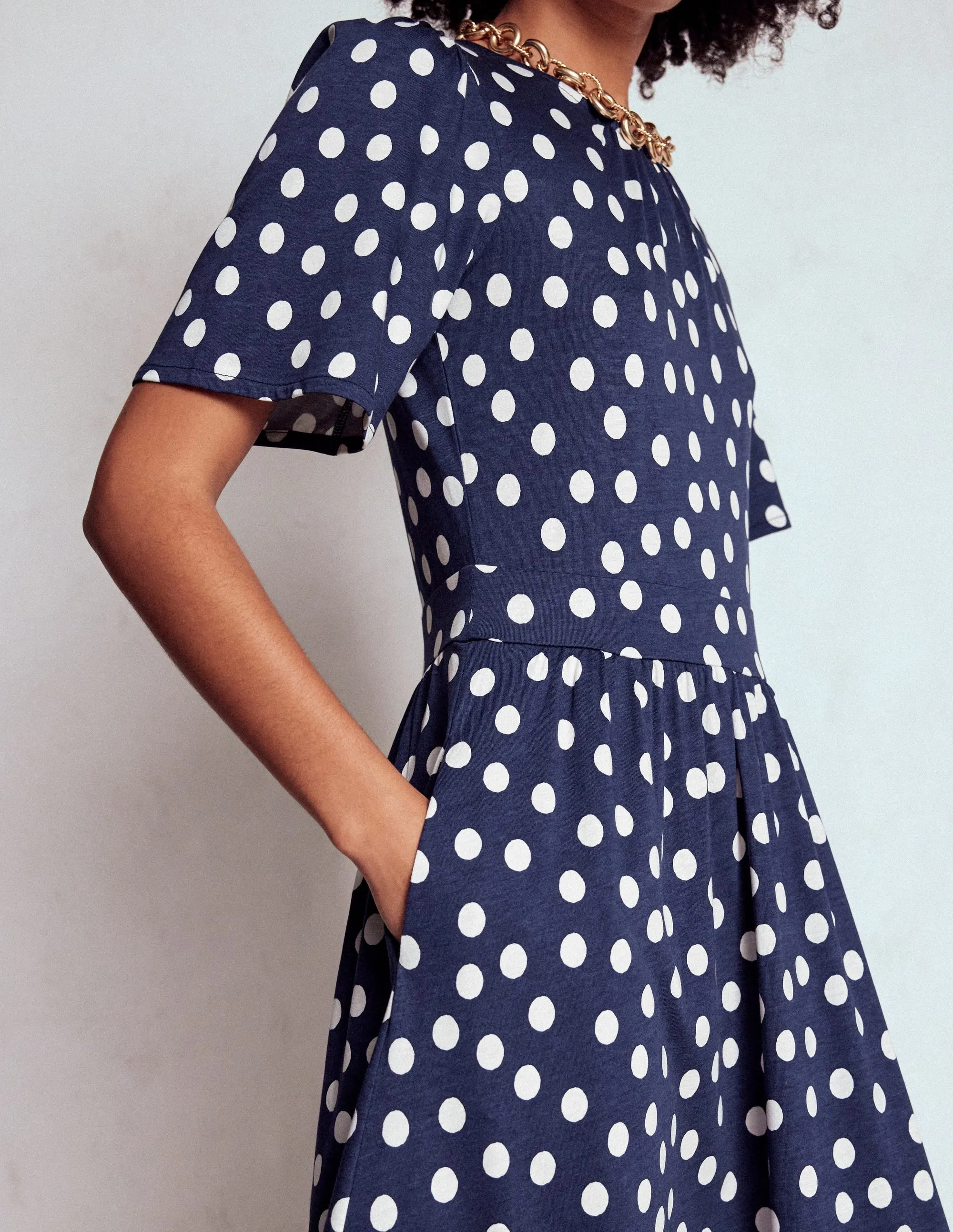 Stylish work-to-weekend outfit Ruby Shine Louisa Jersey Midi Dress-French Navy, Painted Dot
