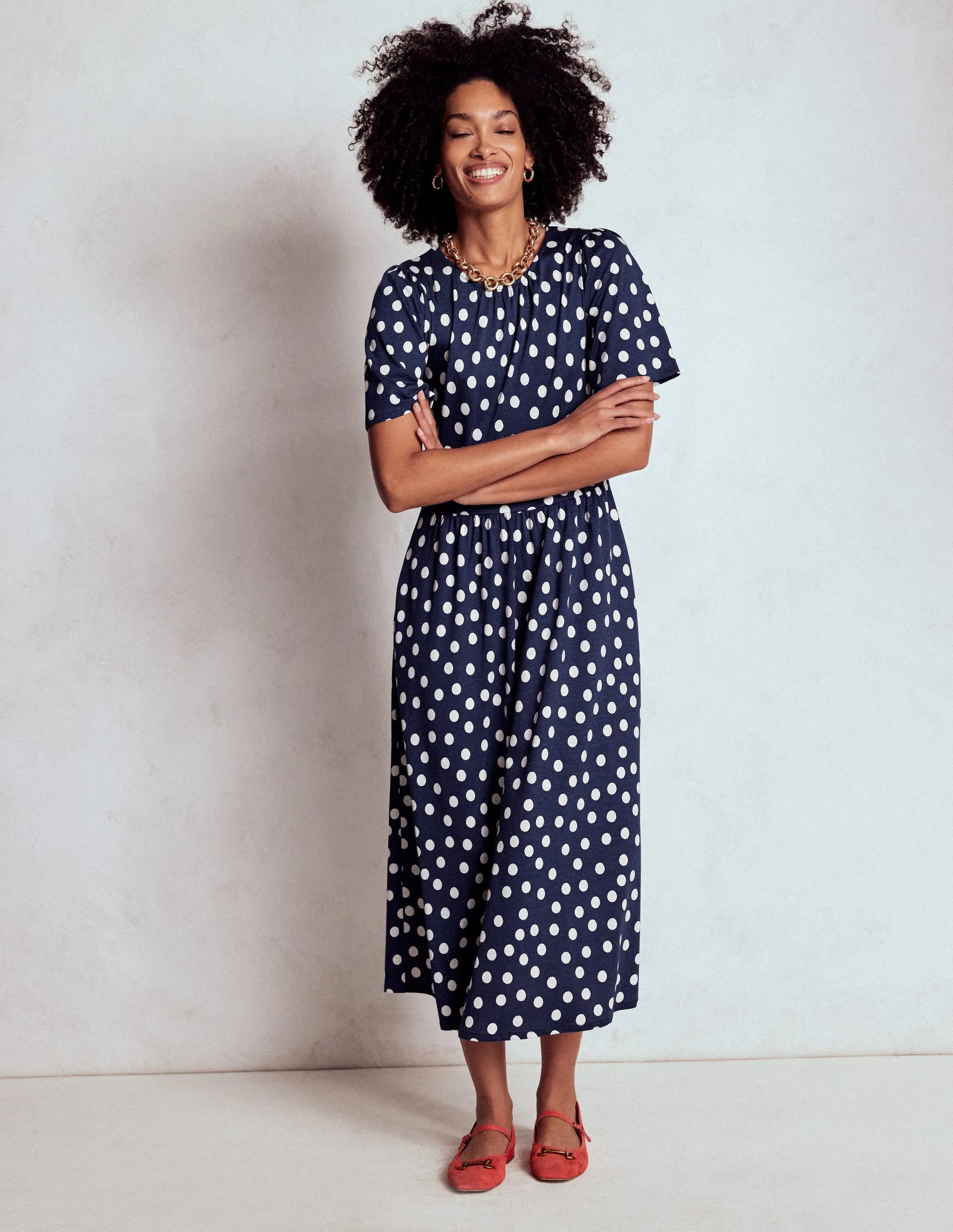 Timeless silhouette for all occasions Fashionable Fit Louisa Jersey Midi Dress-French Navy, Painted Dot