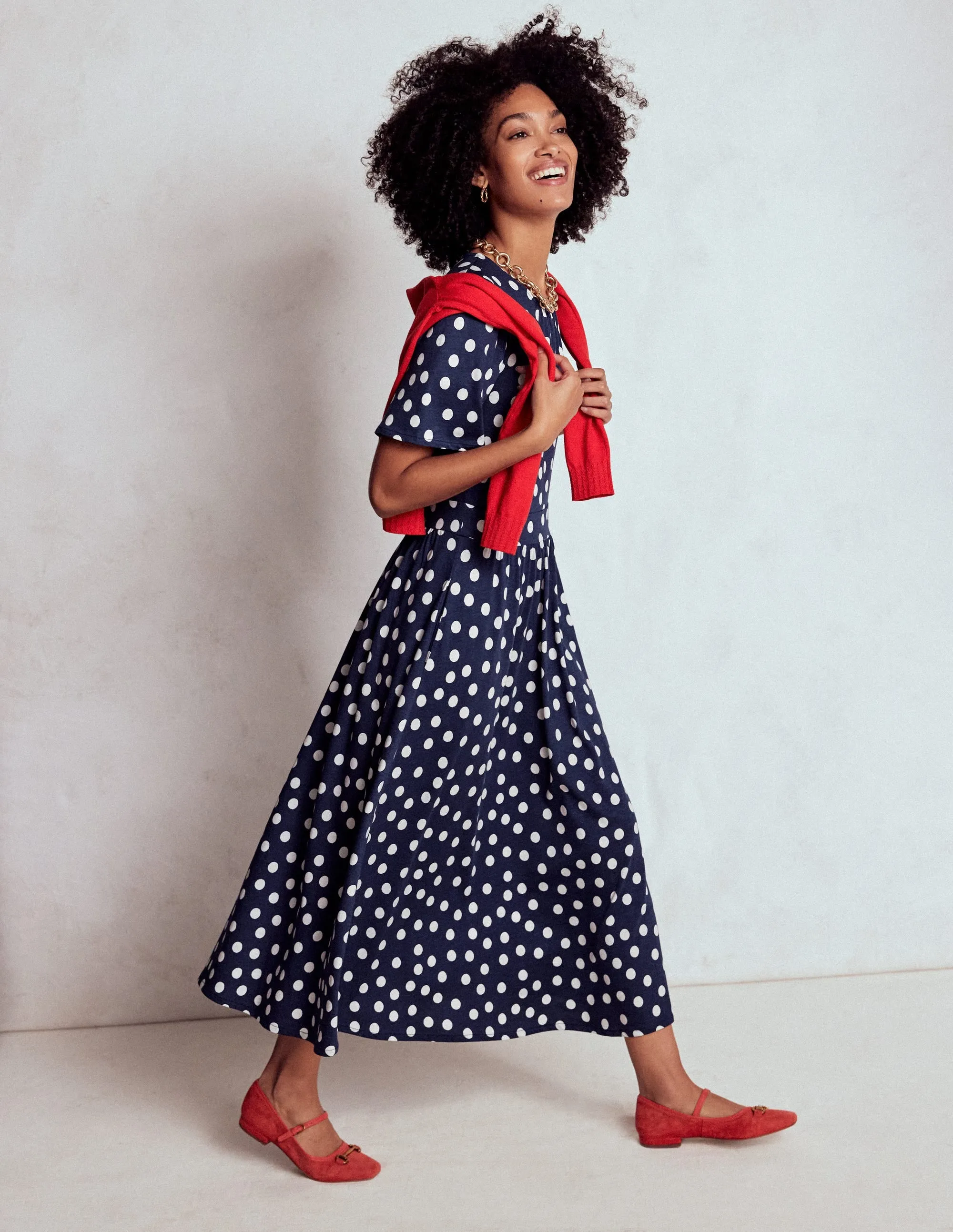 Any Season Korean Soft Louisa Jersey Midi Dress-French Navy, Painted Dot