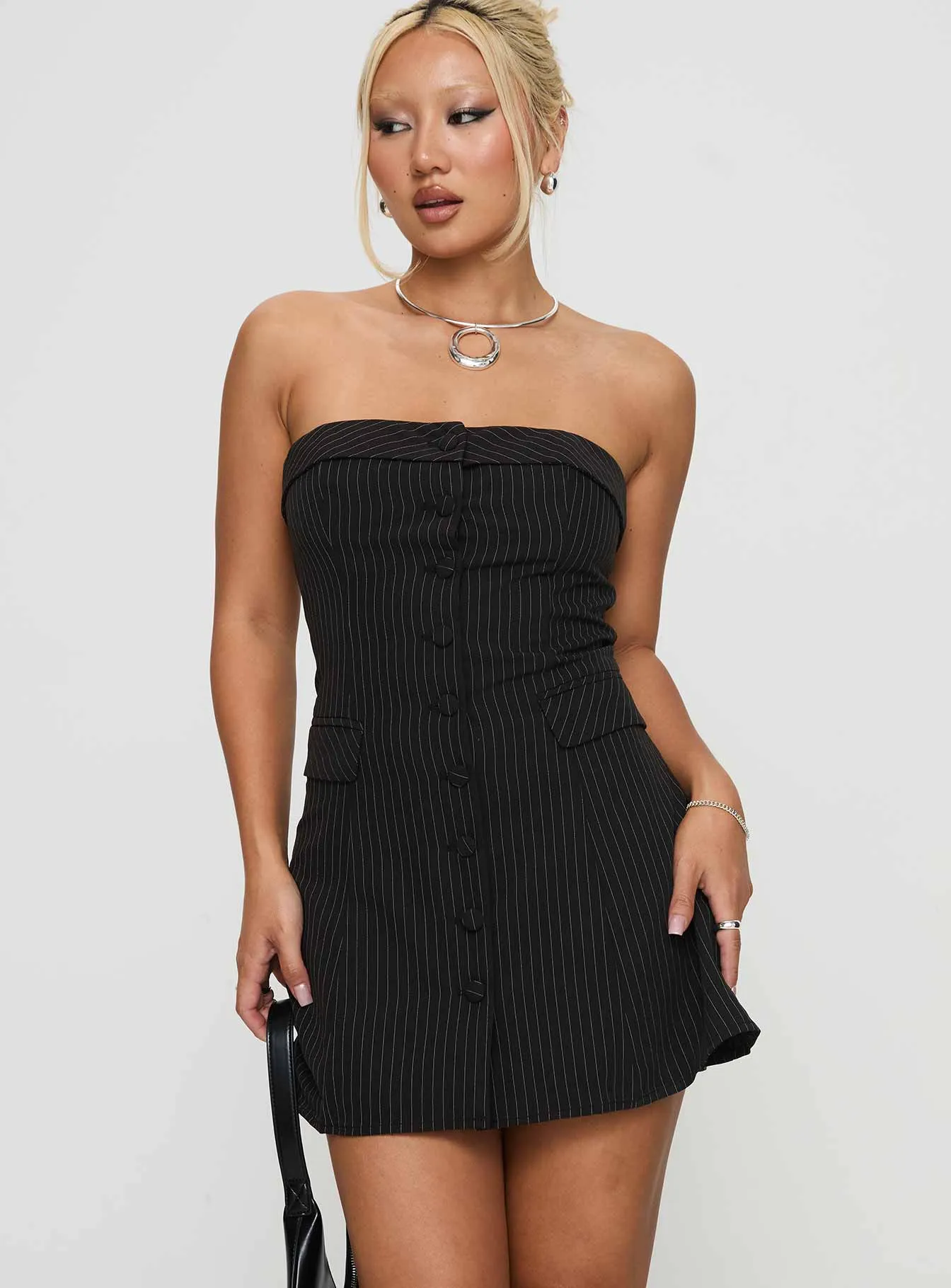 City Shine Change It Up Mini Dress Black / Pinstripe