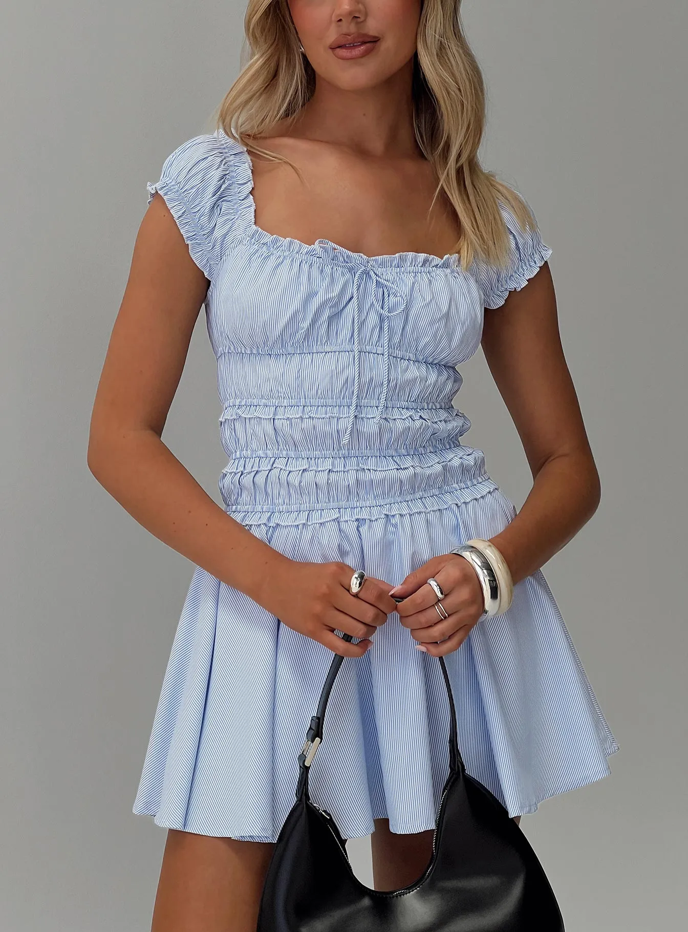 Dewdrop Shirred Mini Dress Blue Flirty Fashion