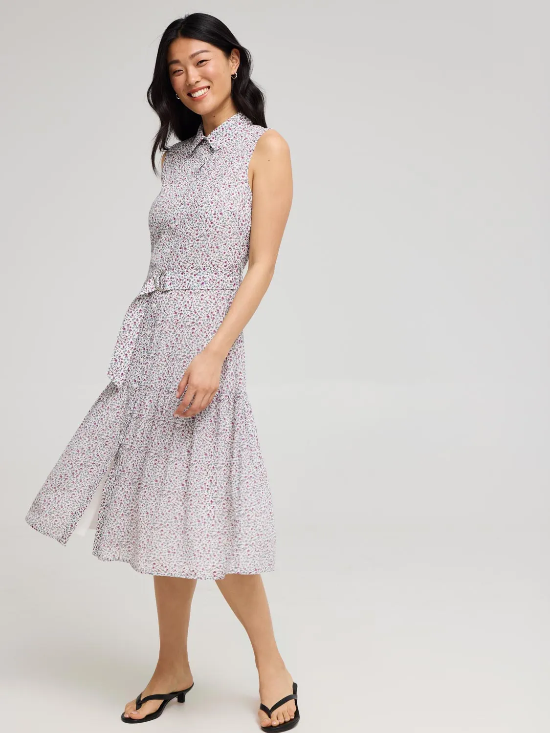 Sleeveless Ditsy Floral Button-Front Chiffon Dress City Mood